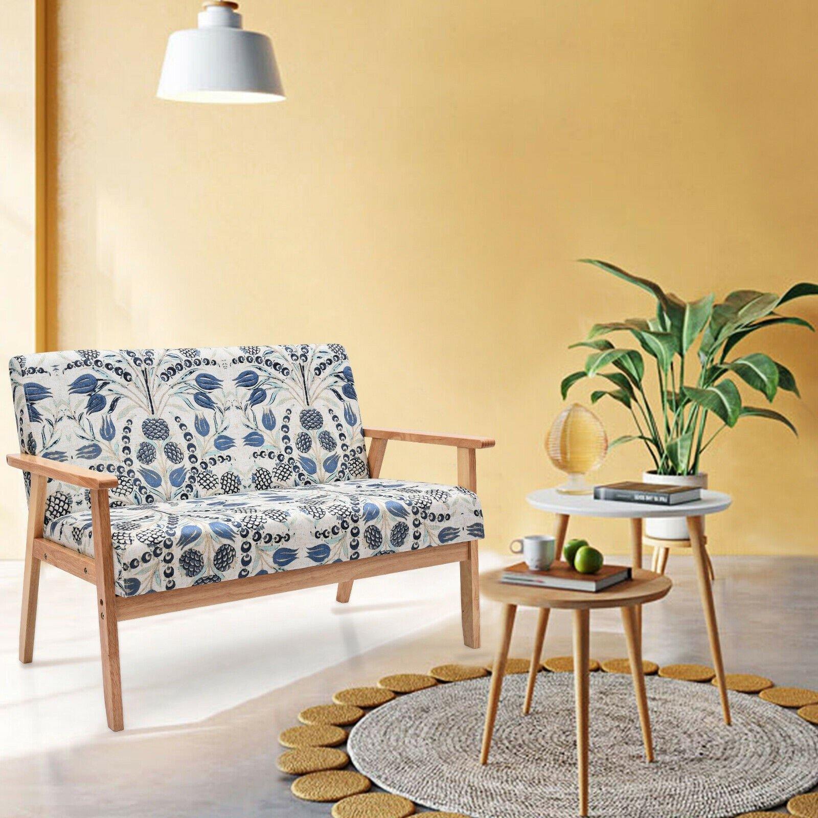 Giantex Mid-Century Wooden Loveseat, Upholstered Wooden Lounge Accent Chair