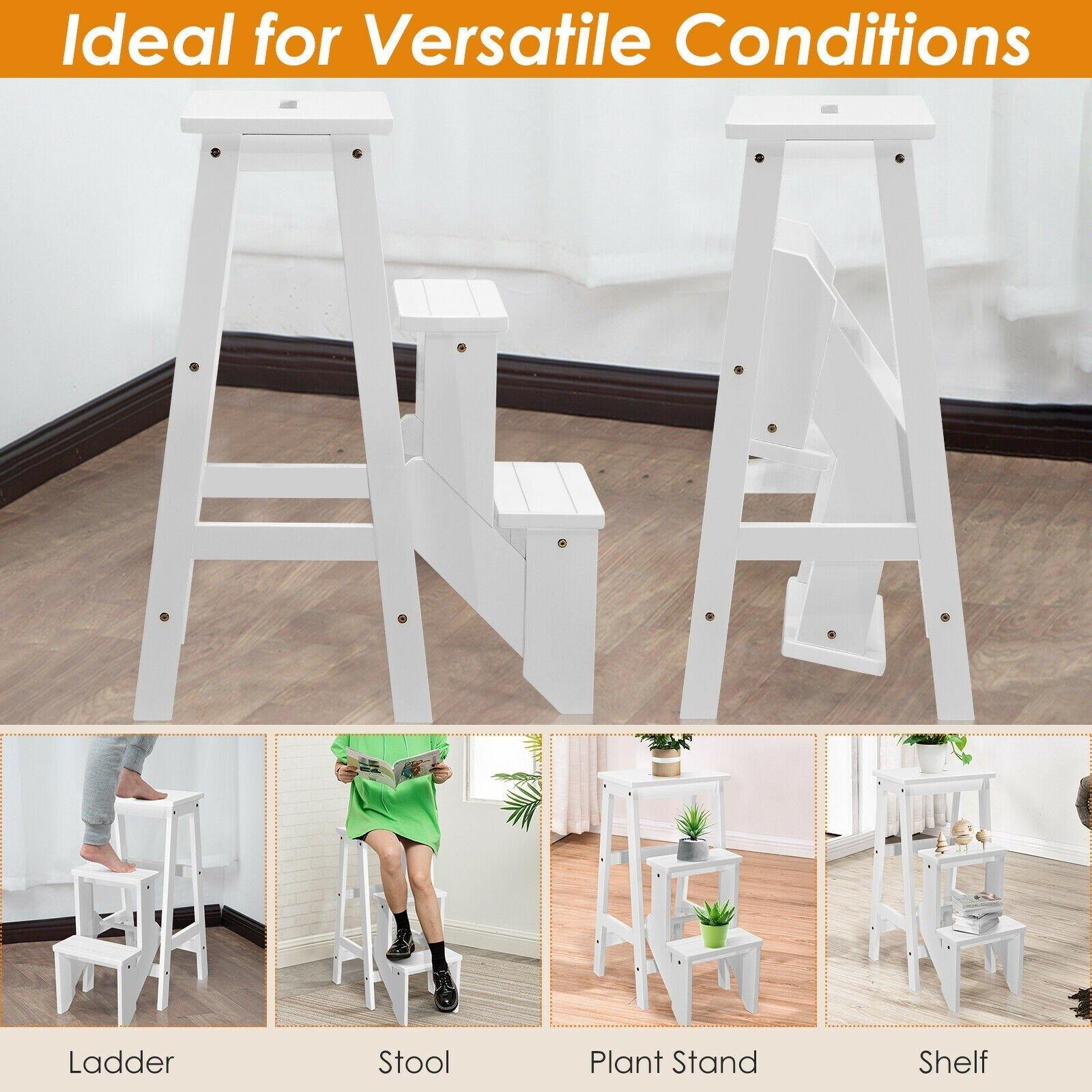 3 Tier Folding Step Ladder, Multifunction 3-in-1 Wood Step Stool