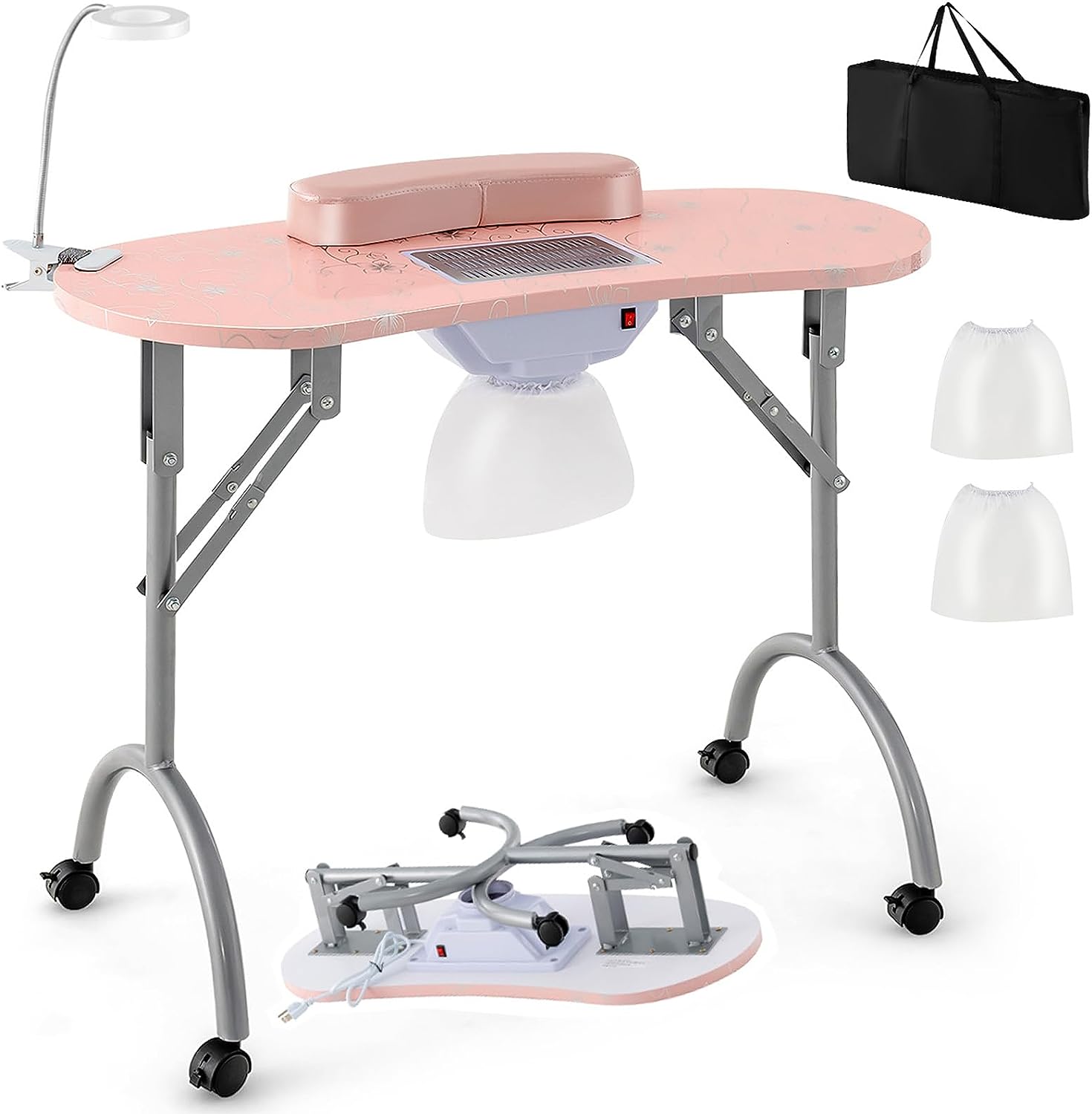 Giantex Nail Desk with Electric Dust Collector, Portable Manicure Table with USB-Plug LED Table Lamp