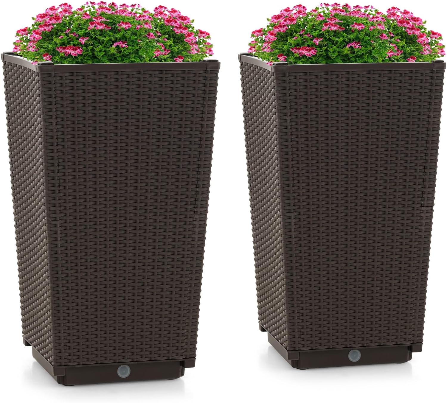 Giantex Outdoor Wicker Flower Pot Set of 2, 22.5” Tall Planters with Drainage Hole, Self-Watering Tray