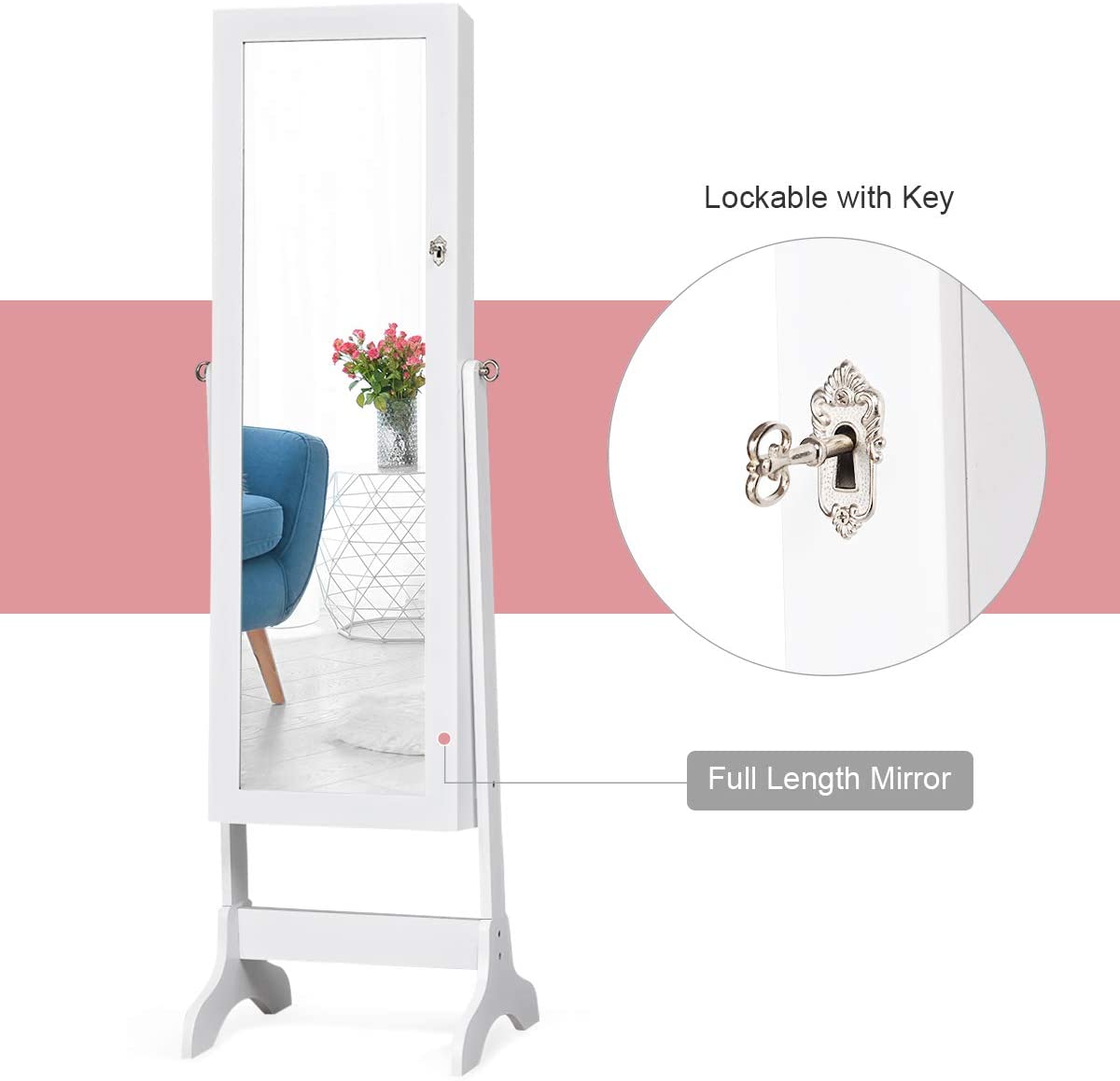 Lockable Standing Jewelry Armoire with Full Length Mirror