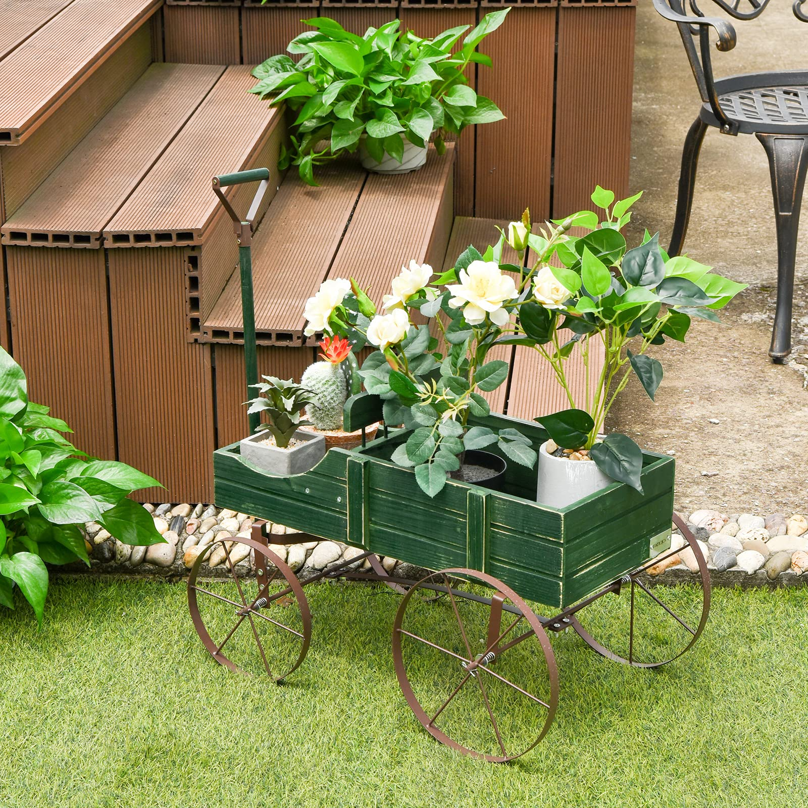 Giantex Decorative Garden Planter, Small Wagon Cart with Metal Wheels, Wood Raised Beds Plant Pot Stand for Backyard Garden Patio 24.5"x13.5"x24"