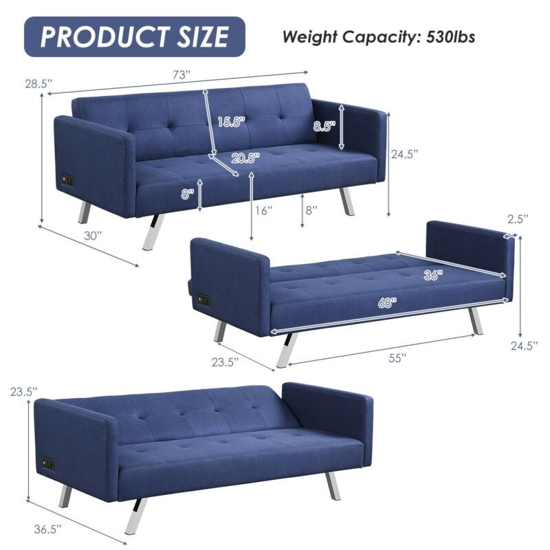 Convertible Futon Sofa, Modern 3 Seat Sofa Bed with USB and Power Strip