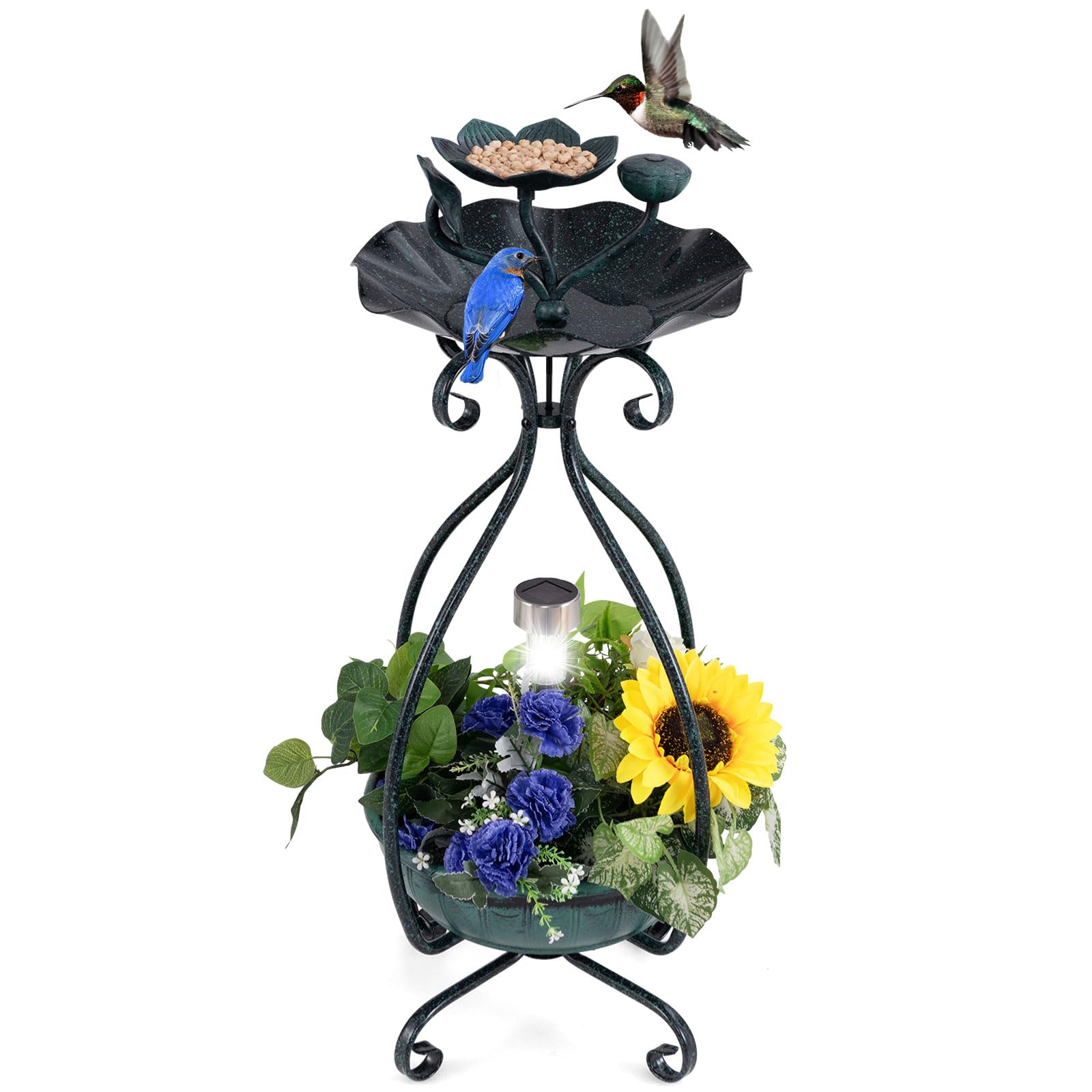 Giantex Bird Bath with Planter - Solar Lighted Bird Bath for Outside with Bird Feeder
