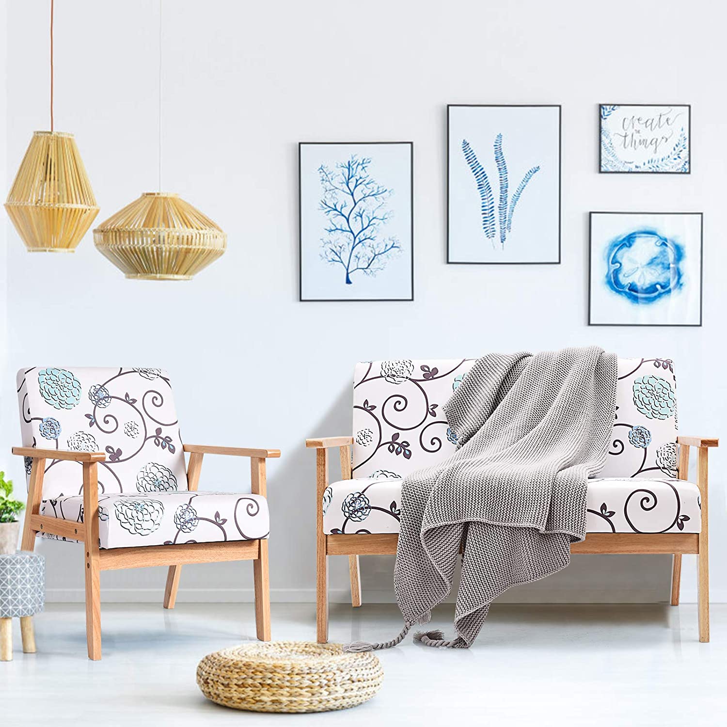 Mid-Century Wooden Loveseat Accent Chair Set