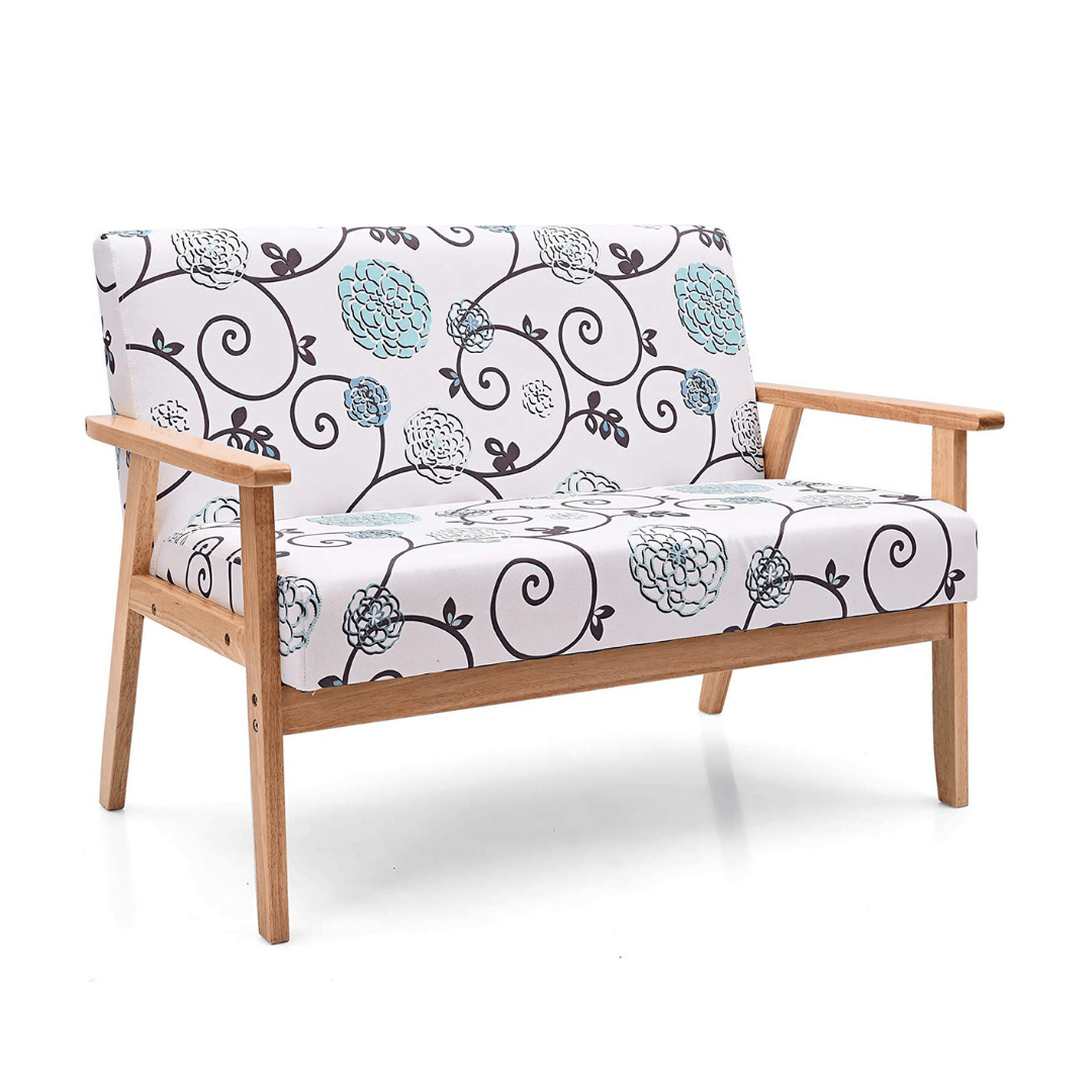 Giantex Mid-Century Wooden Loveseat, Upholstered Wooden Lounge Accent Chair