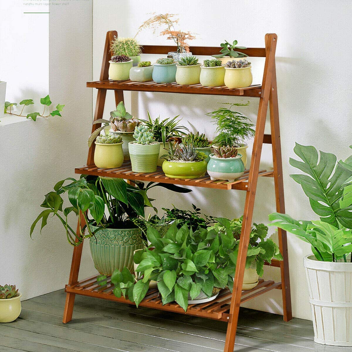 Giantex 3 Tier Folding Storage Shelf, Bamboo Ladder Plant Stand