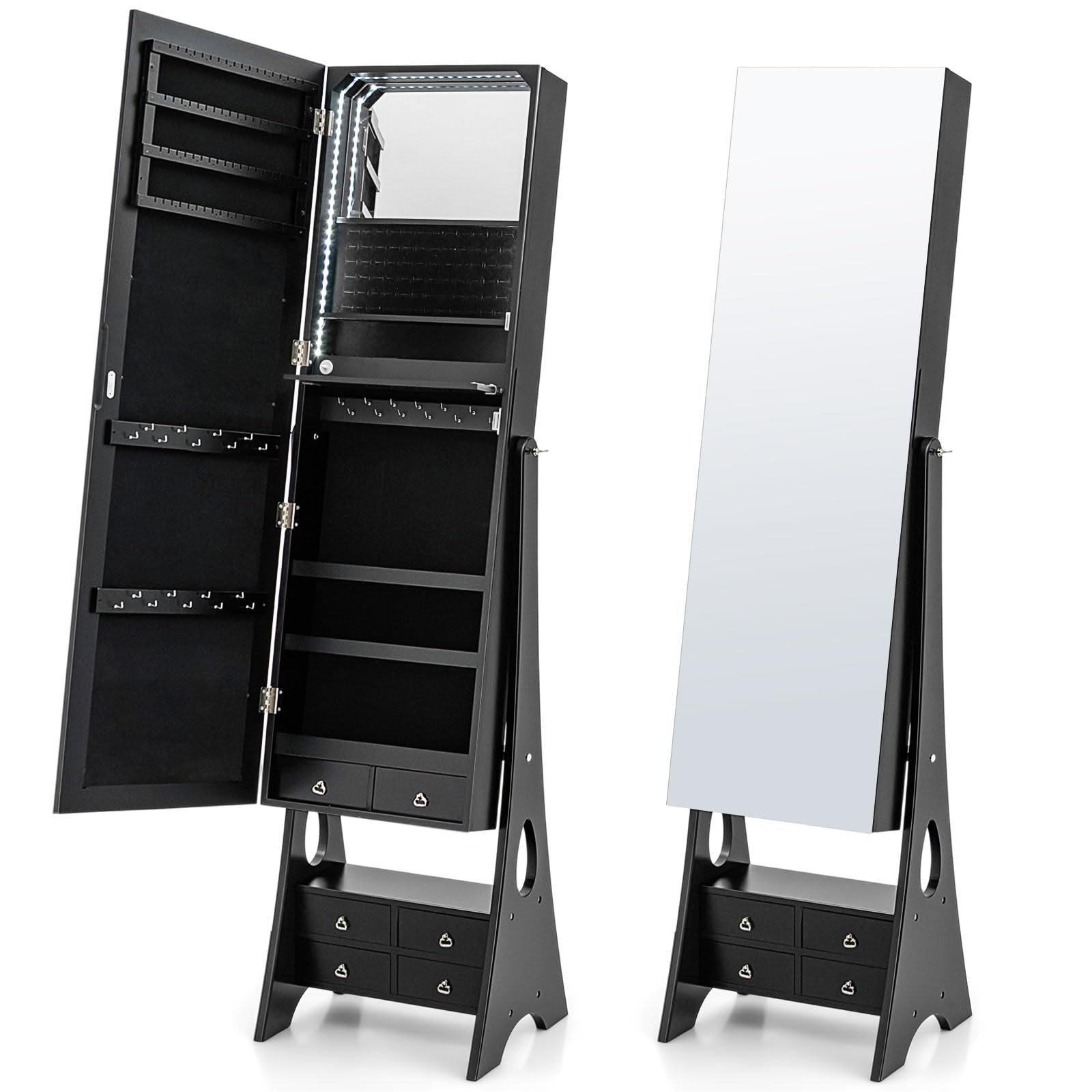 CHARMAID Jewelry Cabinet with LED Light Strip, Floor Jewelry Armoire with High Full Length Mirror