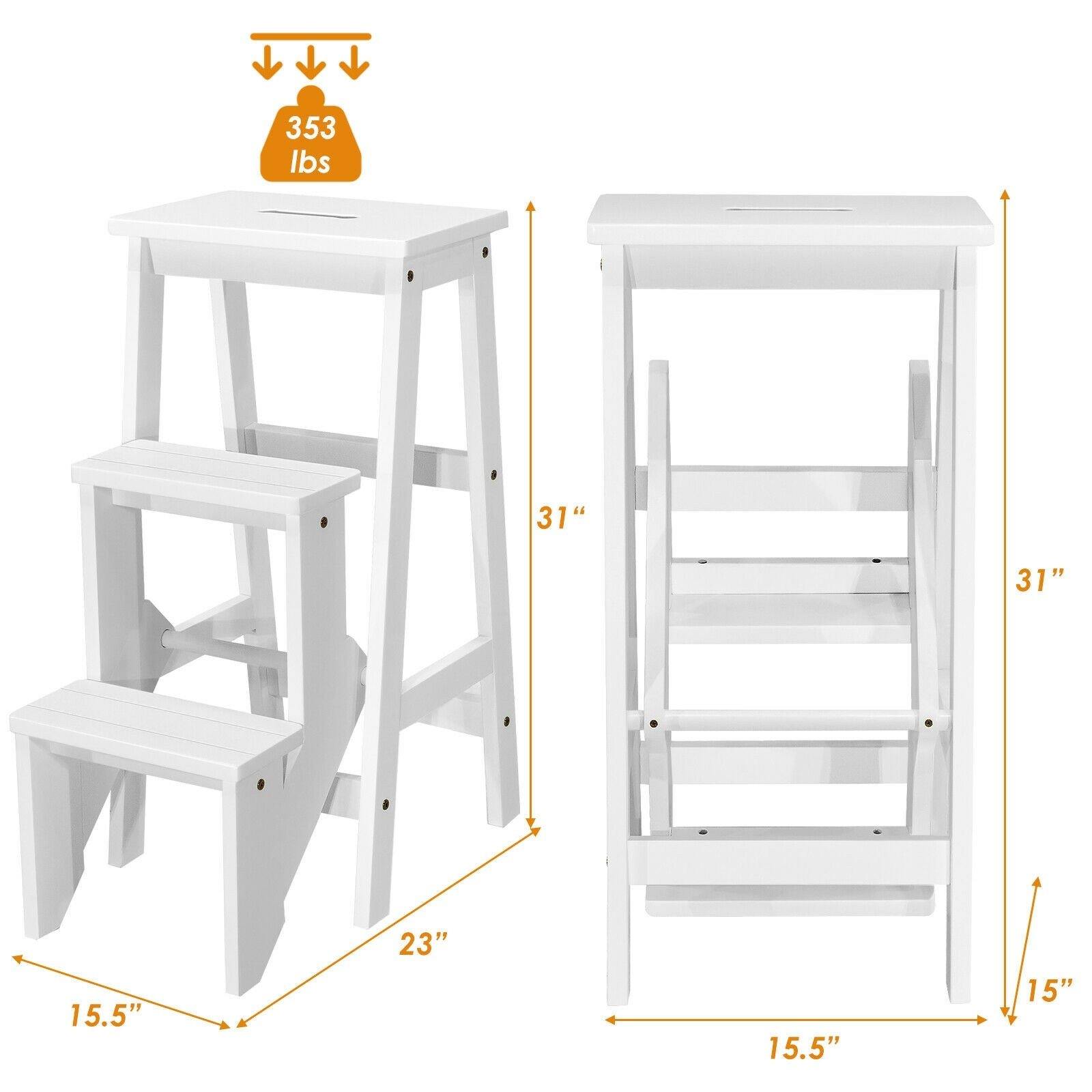 3 Tier Folding Step Ladder, Multifunction 3-in-1 Wood Step Stool