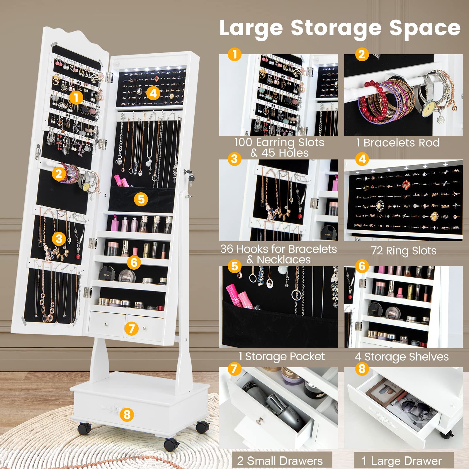 CHARMAID 6 LEDs Rolling Jewelry Cabinet with High Full Length Mirror, Lockable Standing Jewelry Armoire with Wheels