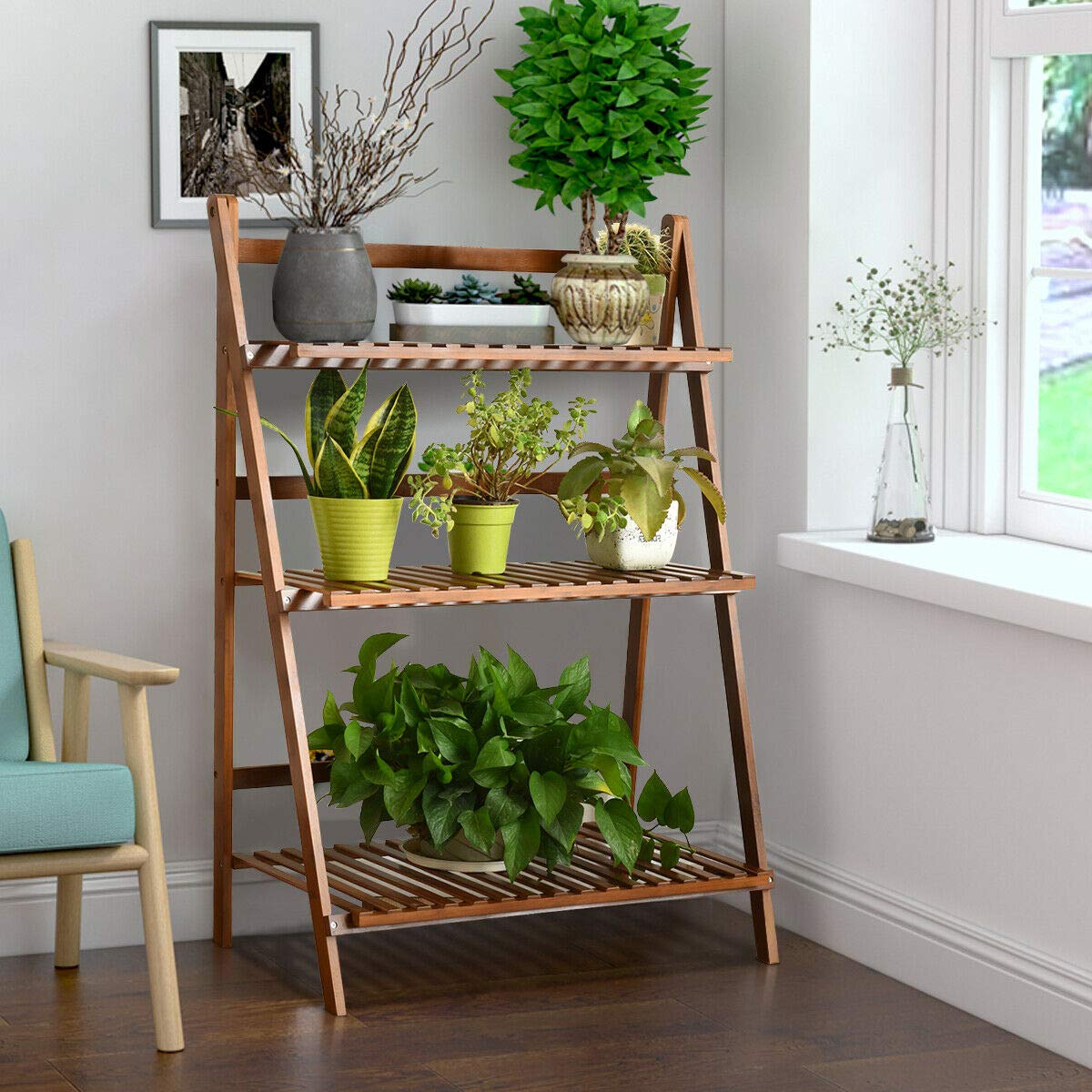 Giantex 3 Tier Folding Storage Shelf, Bamboo Ladder Plant Stand