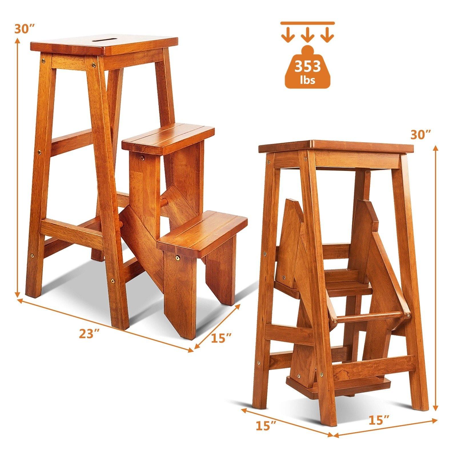 3 Tier Folding Step Ladder, Multifunction 3-in-1 Wood Step Stool