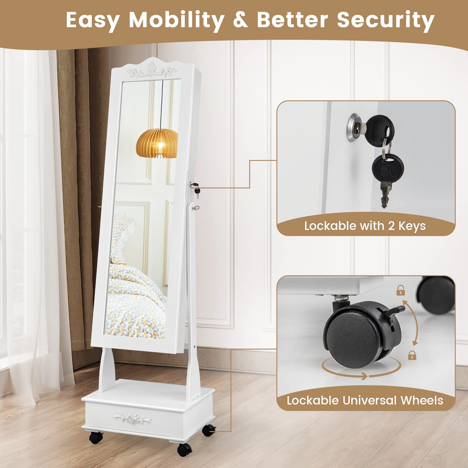 CHARMAID 6 LEDs Rolling Jewelry Cabinet with High Full Length Mirror, Lockable Standing Jewelry Armoire with Wheels