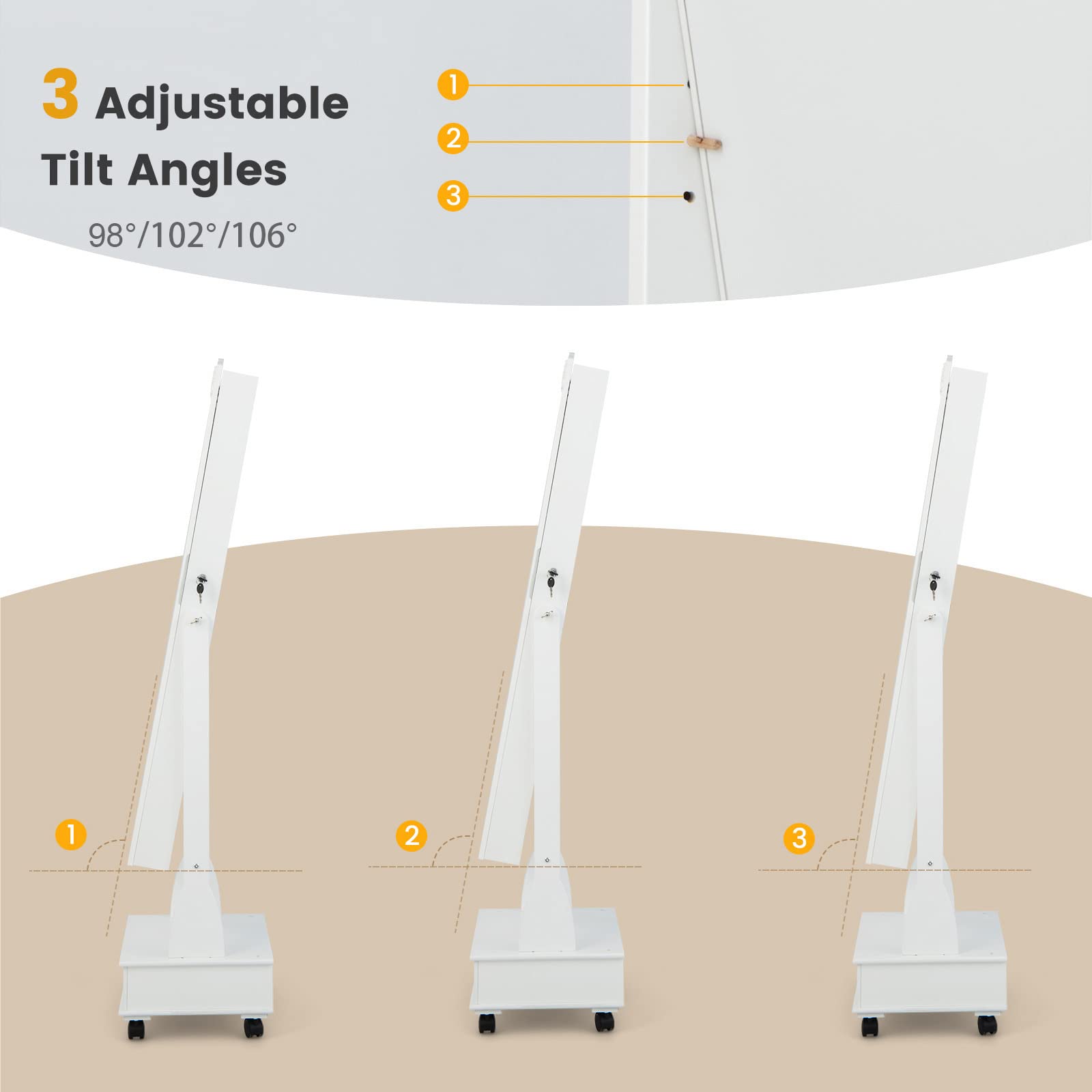 CHARMAID 6 LEDs Rolling Jewelry Cabinet with High Full Length Mirror, Lockable Standing Jewelry Armoire with Wheels
