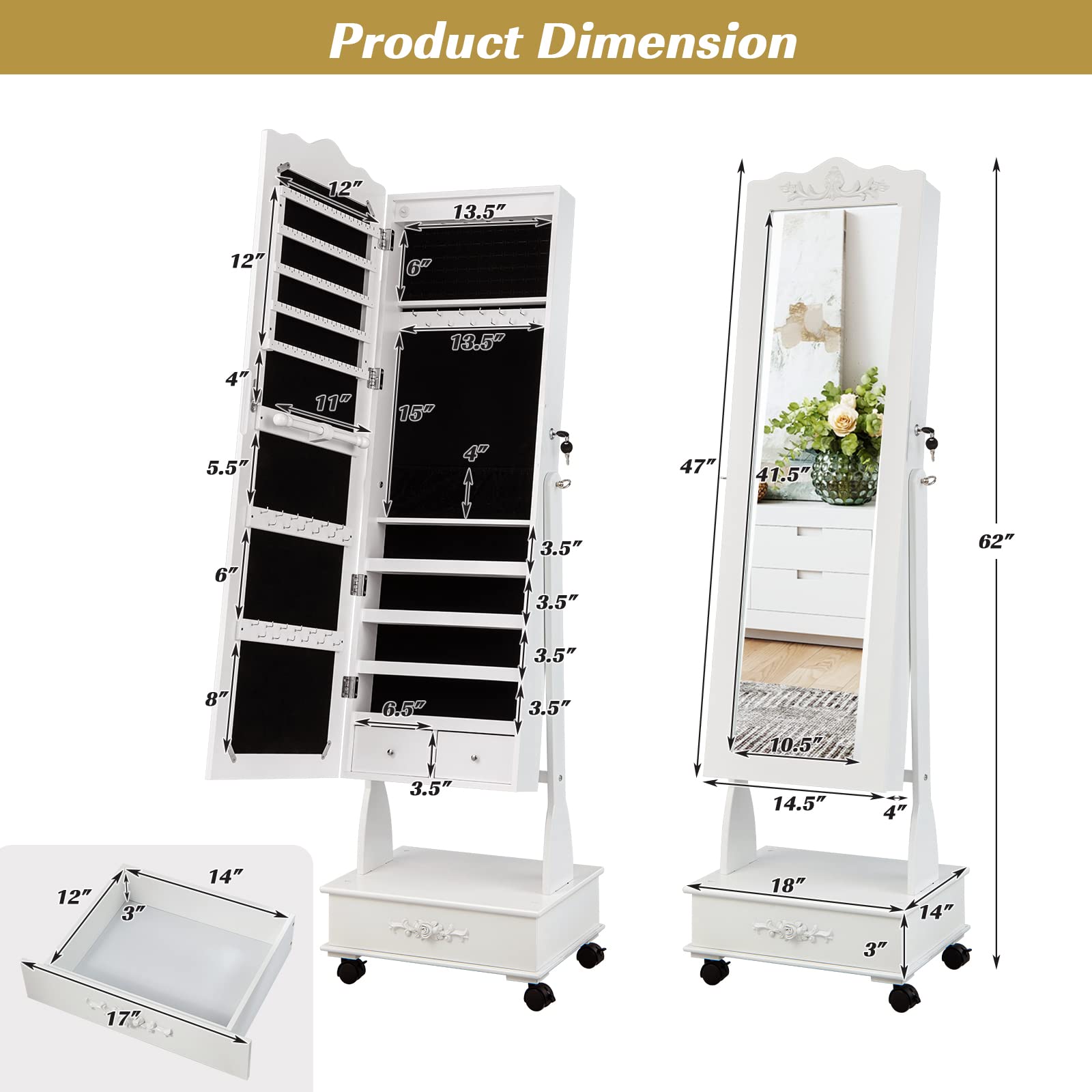 CHARMAID 6 LEDs Rolling Jewelry Cabinet with High Full Length Mirror, Lockable Standing Jewelry Armoire with Wheels