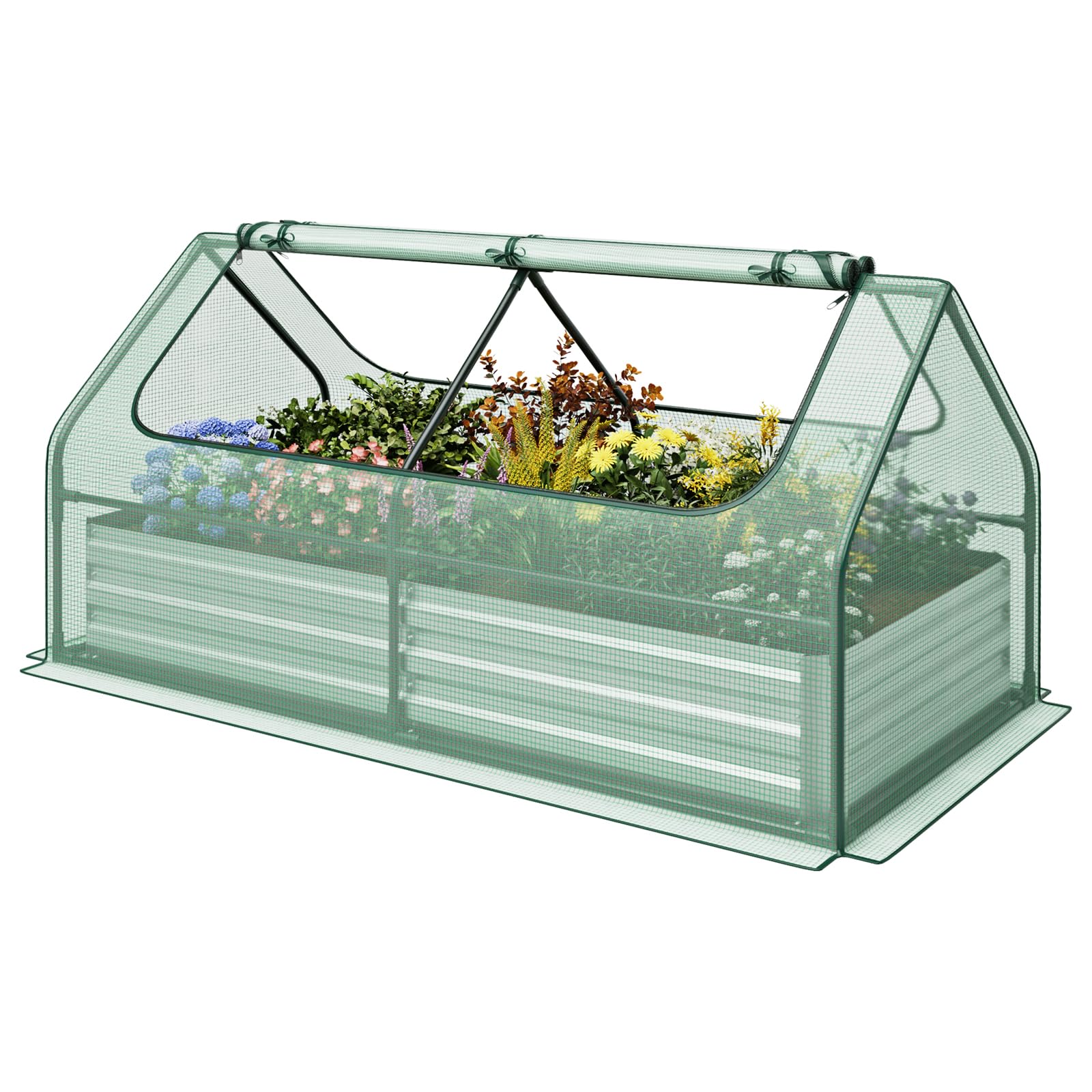 Giantex Galvanized Steel Raised Garden Bed with Mini Greenhouse, Outdoor Metal Planter Box Kit with Large Roll-up Cover
