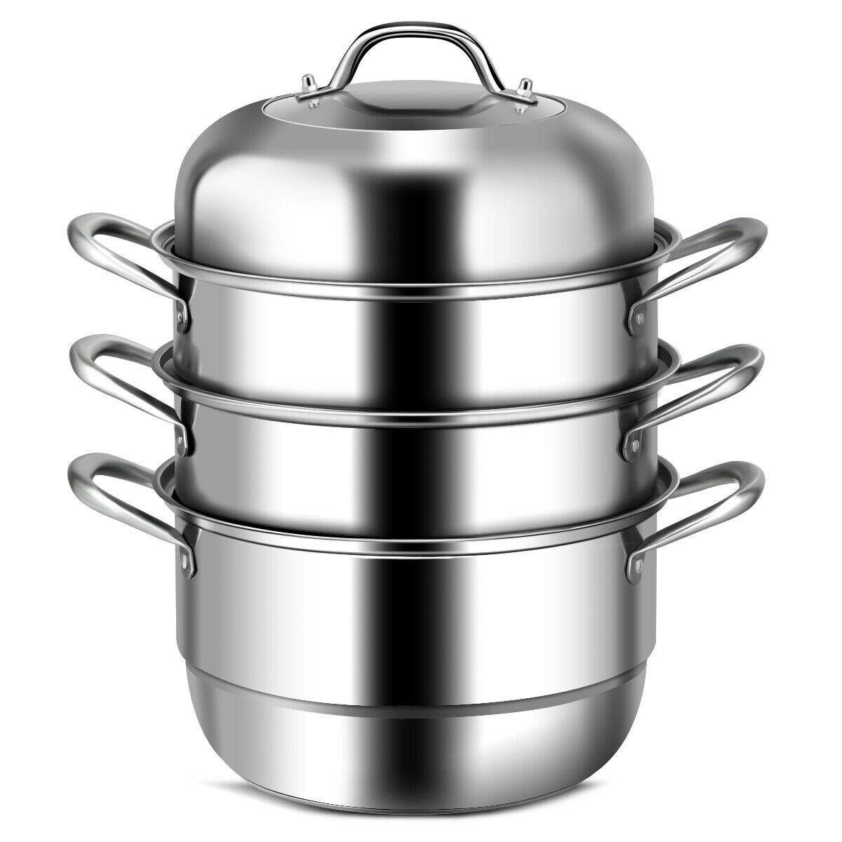 3-Layer Stainless Steel Steamer Pot for Cooking Soup and Steaming Food (Silver)