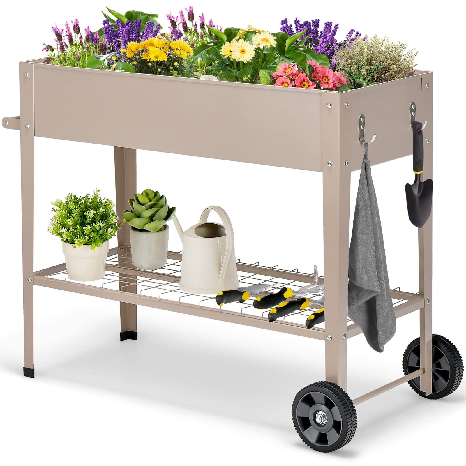 Giantex Raised Garden Bed with Legs, Metal Planter Box with Wheels, Storage Shelf (Light Brown)