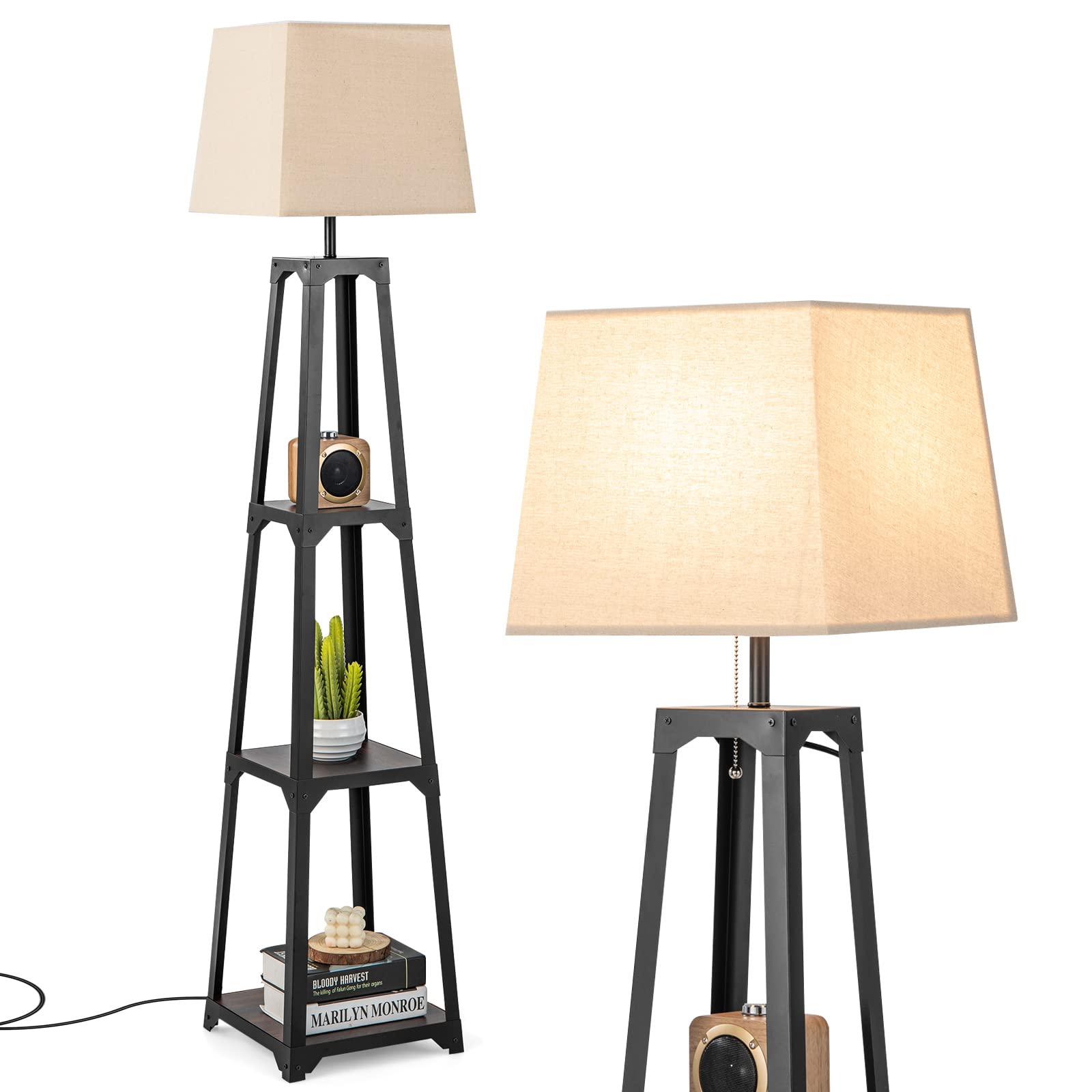 Giantex Shelf Floor Lamp - 3-Tier 63" Tall Modern Corner Standing Lamp with Linen Lampshade