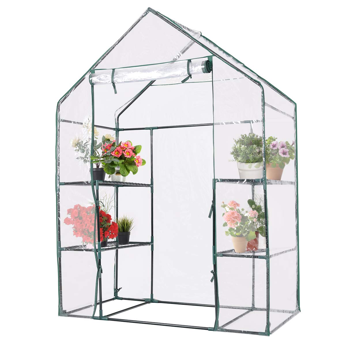 Giantex Greenhouse Outdoor Large Walk-in Plant Green House with 3 Tier Shelves for Plants