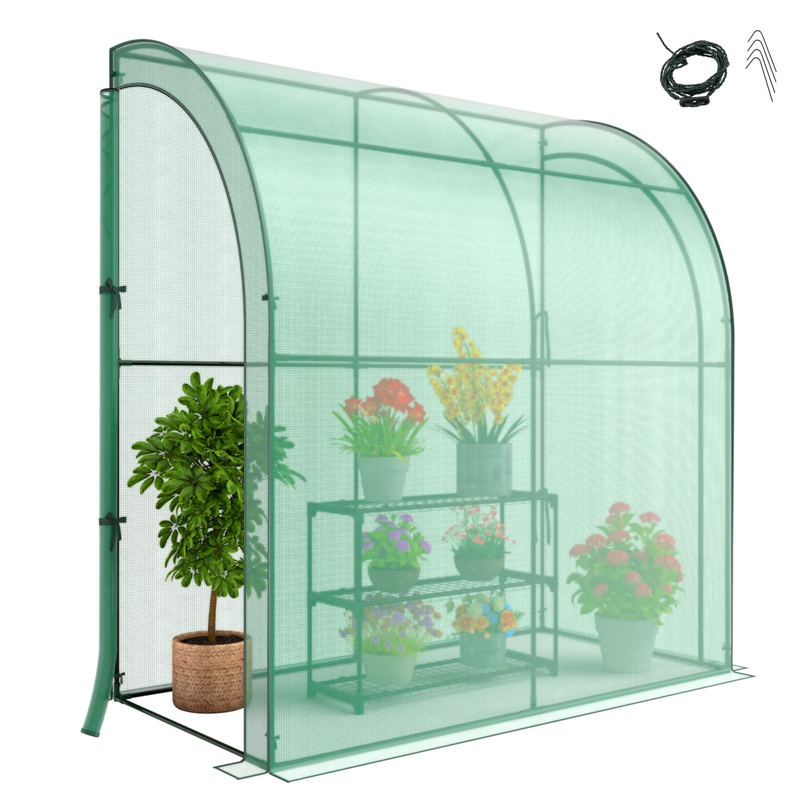 Giantex Walk-in Lean-to Greenhouse - with 3-Tier Plant Stand, 7’x 3.5’x 7’ Green House, PE Grid Cover