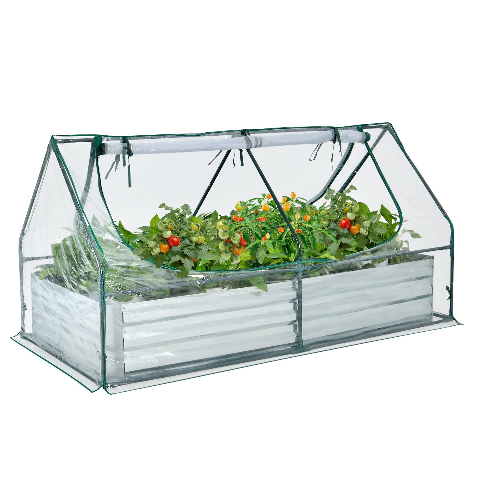 Giantex Galvanized Steel Raised Garden Bed with Mini Greenhouse, Outdoor Metal Planter Box Kit with Large Roll-up PVC Cover