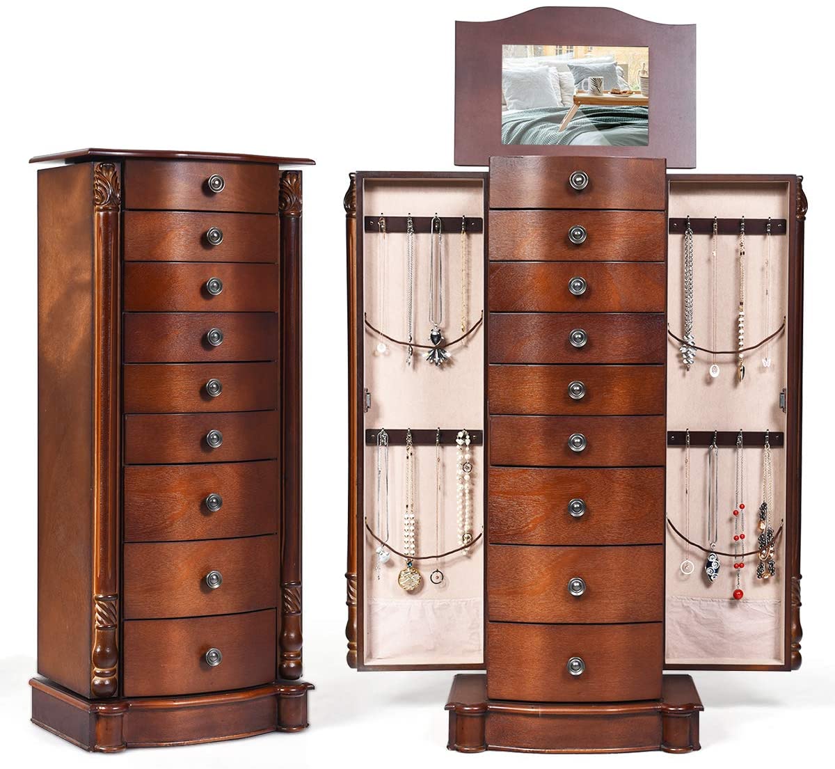 Large Jewelry Armoire Cabinet with 8 Drawers & 2 Swing Doors 16 Hooks Top Mirror Boxes