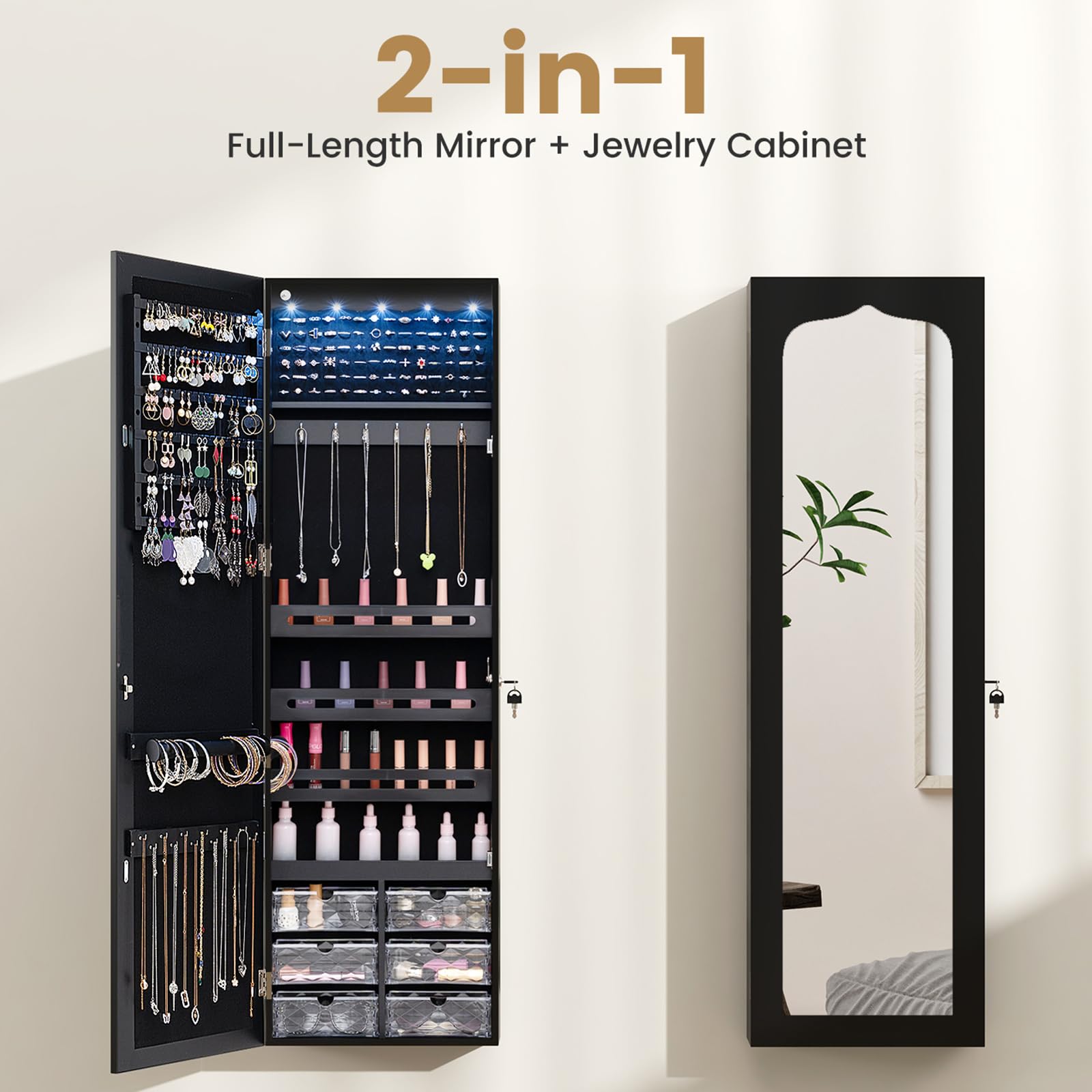 CHARMAID Jewelry Cabinet Armoire, Wall Mount Door Hanging, Lockable Jewelry Organizer with 47.5'' Full Length Mirror