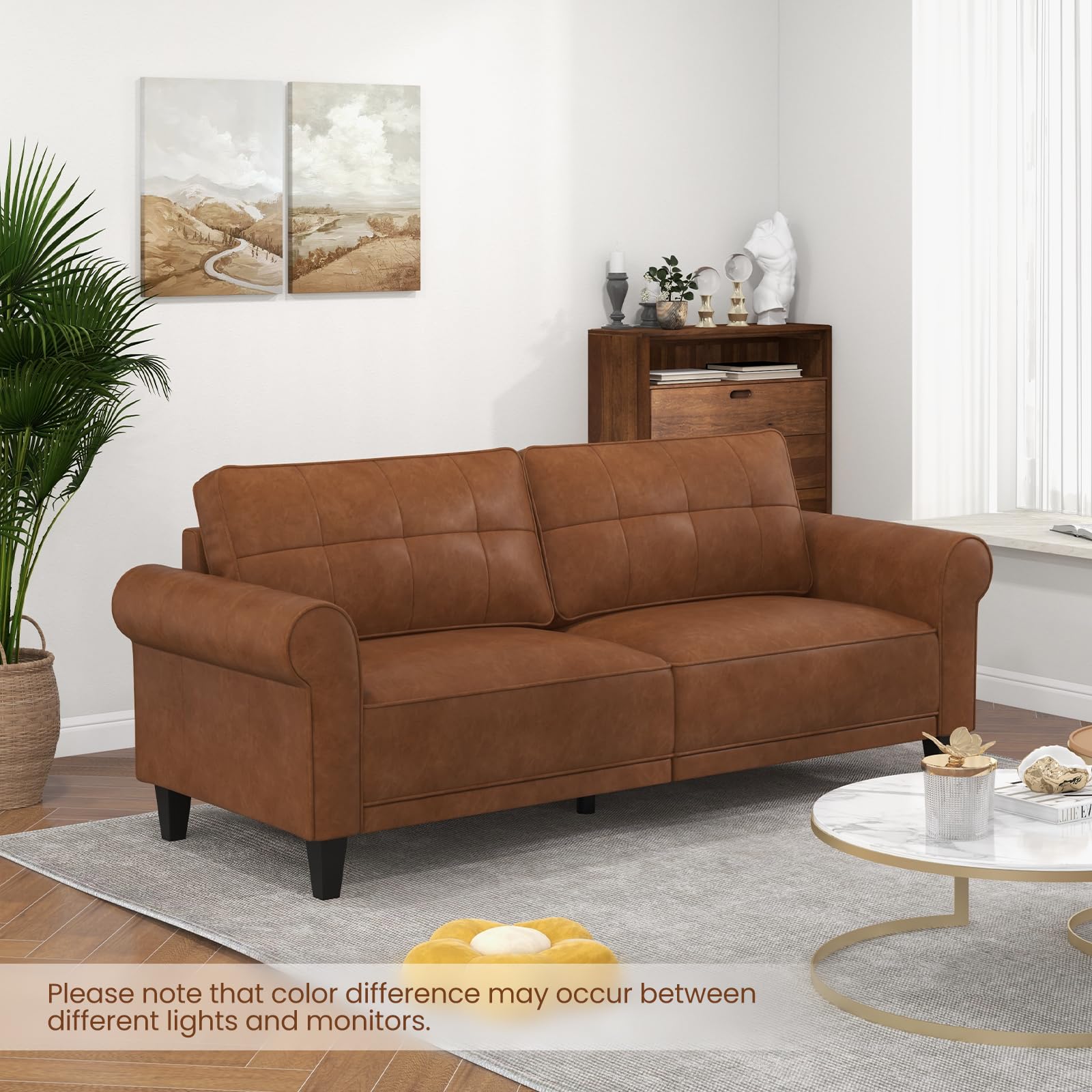 Giantex Sofa Couch, 81.5'' Upholstered 3-Seater Sofa Couch with Faux Leather (Brown)