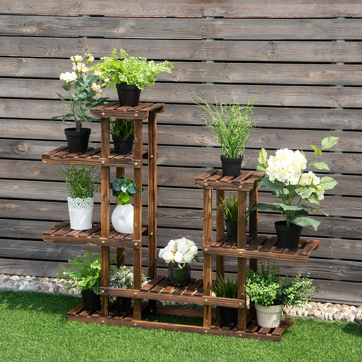 Giantex Flower Rack Wood Plant Stand 7 Wood Shelves 13 Pots
