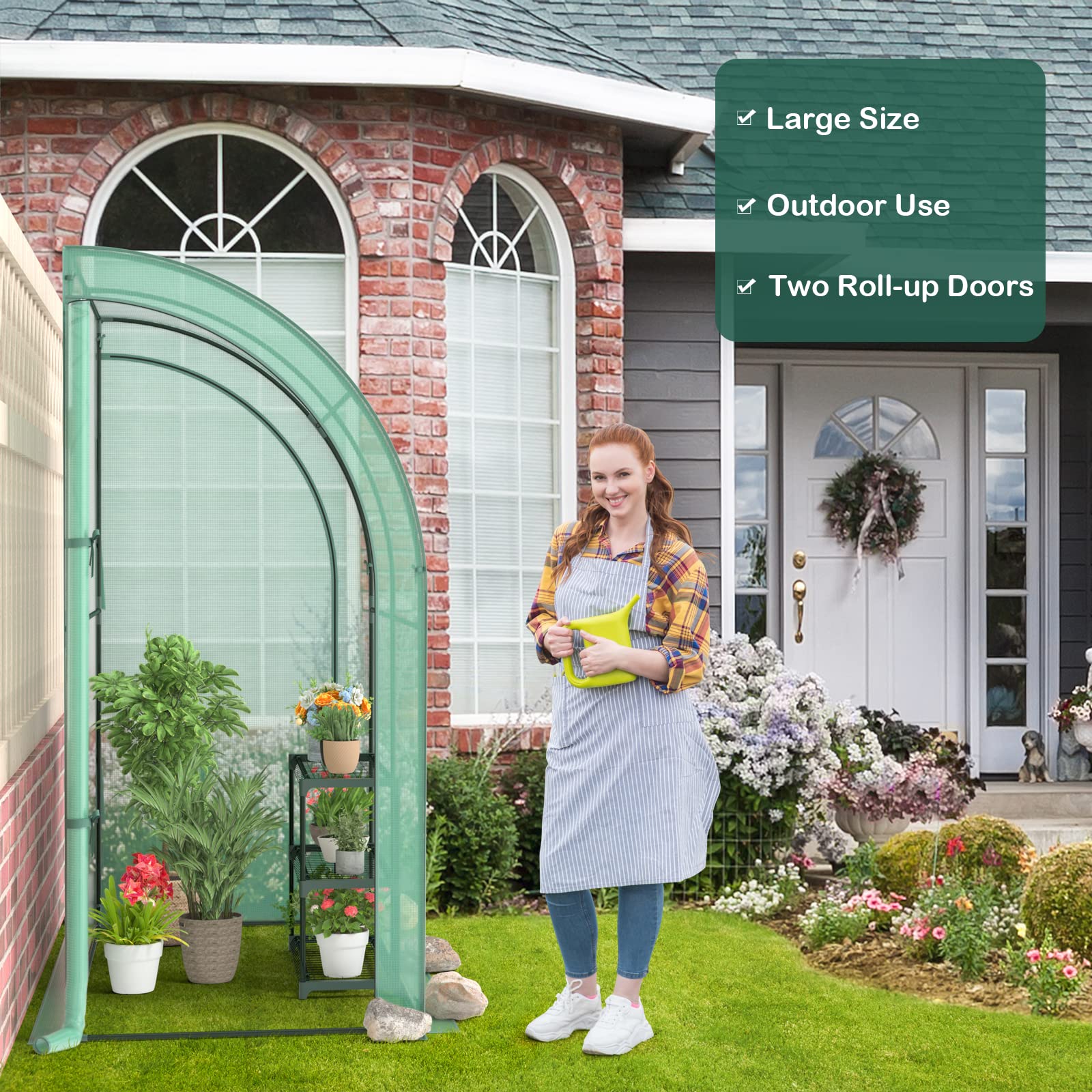 Giantex Walk-in Lean-to Greenhouse - with 3-Tier Plant Stand, 7’x 3.5’x 7’ Green House, PE Grid Cover