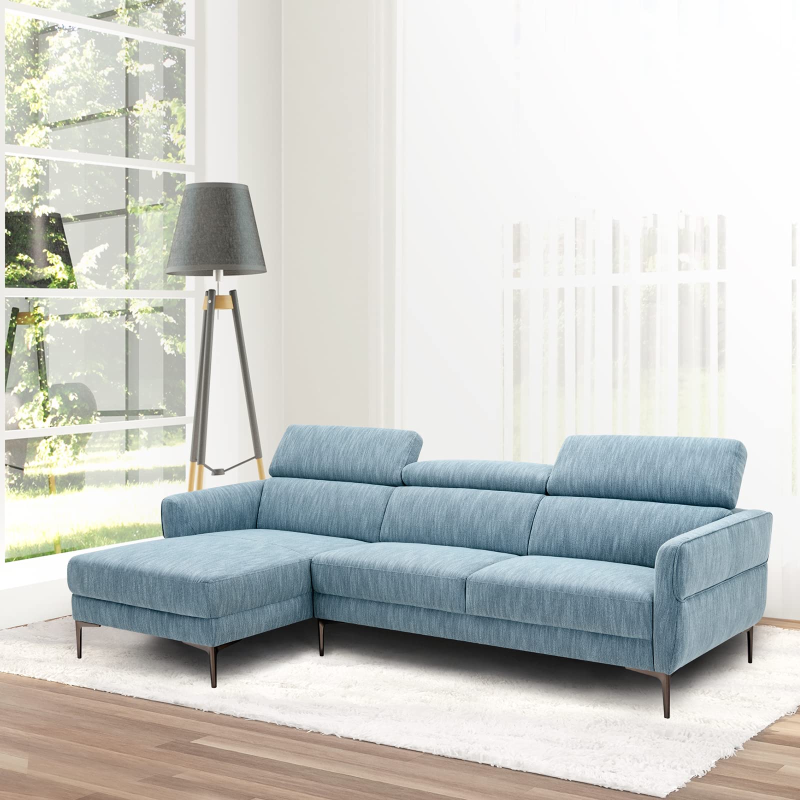 Giantex L-Shaped Sofa Couch, 3-Seat Upholstered Sofa with Wide Chaise Lounge, Adjustable Headrest, Blue
