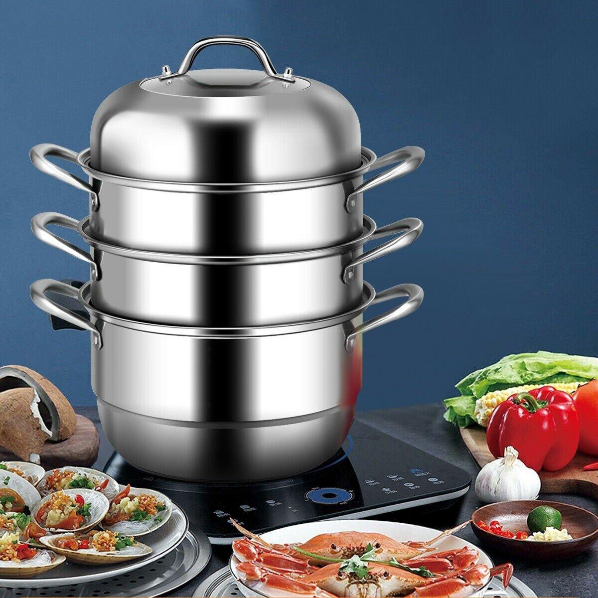 3-Layer Stainless Steel Steamer Pot for Cooking Soup and Steaming Food (Silver)