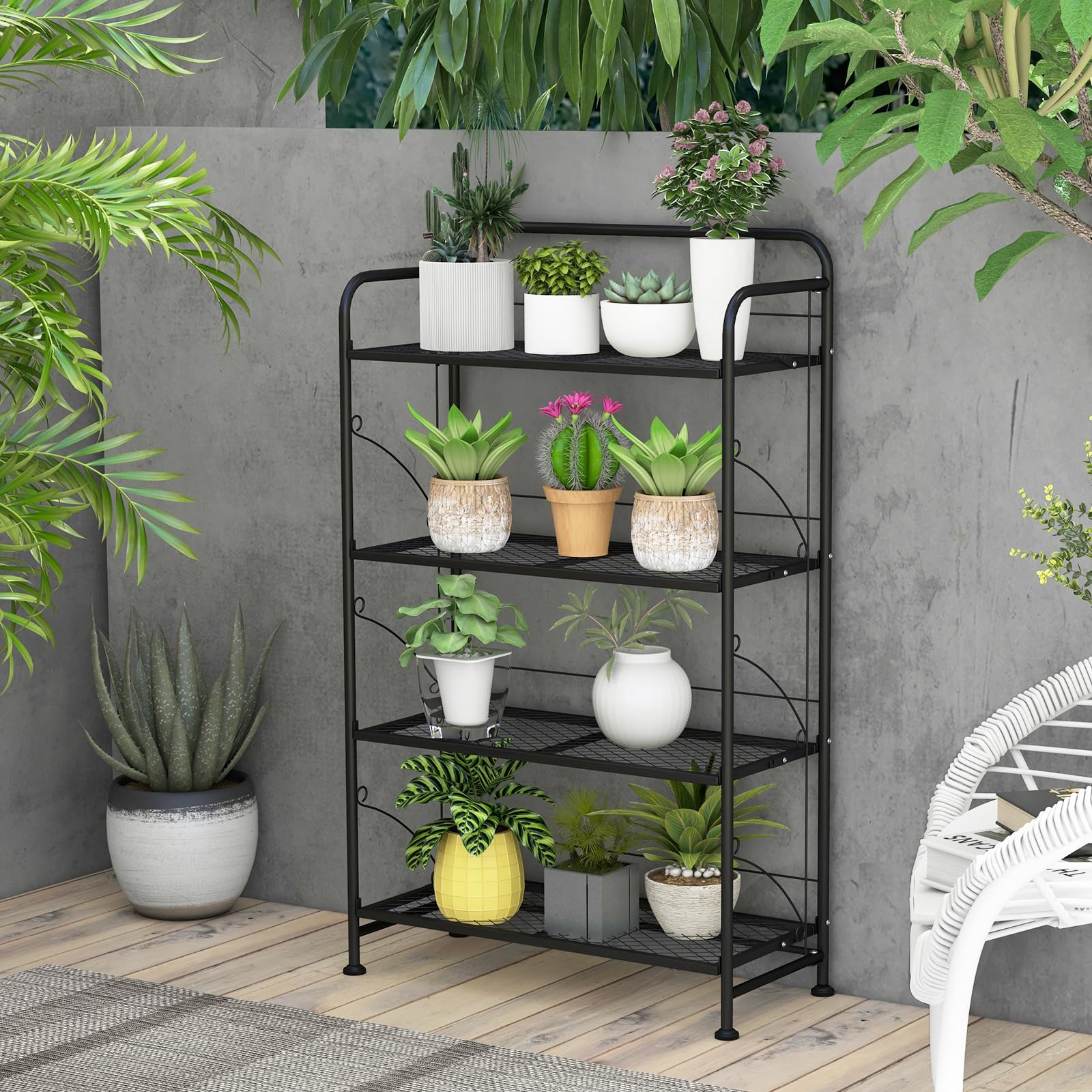 Giantex Folding Plant Stand, 4-Tires Collapsible Plant Rack with Adjustable Shelf, Black