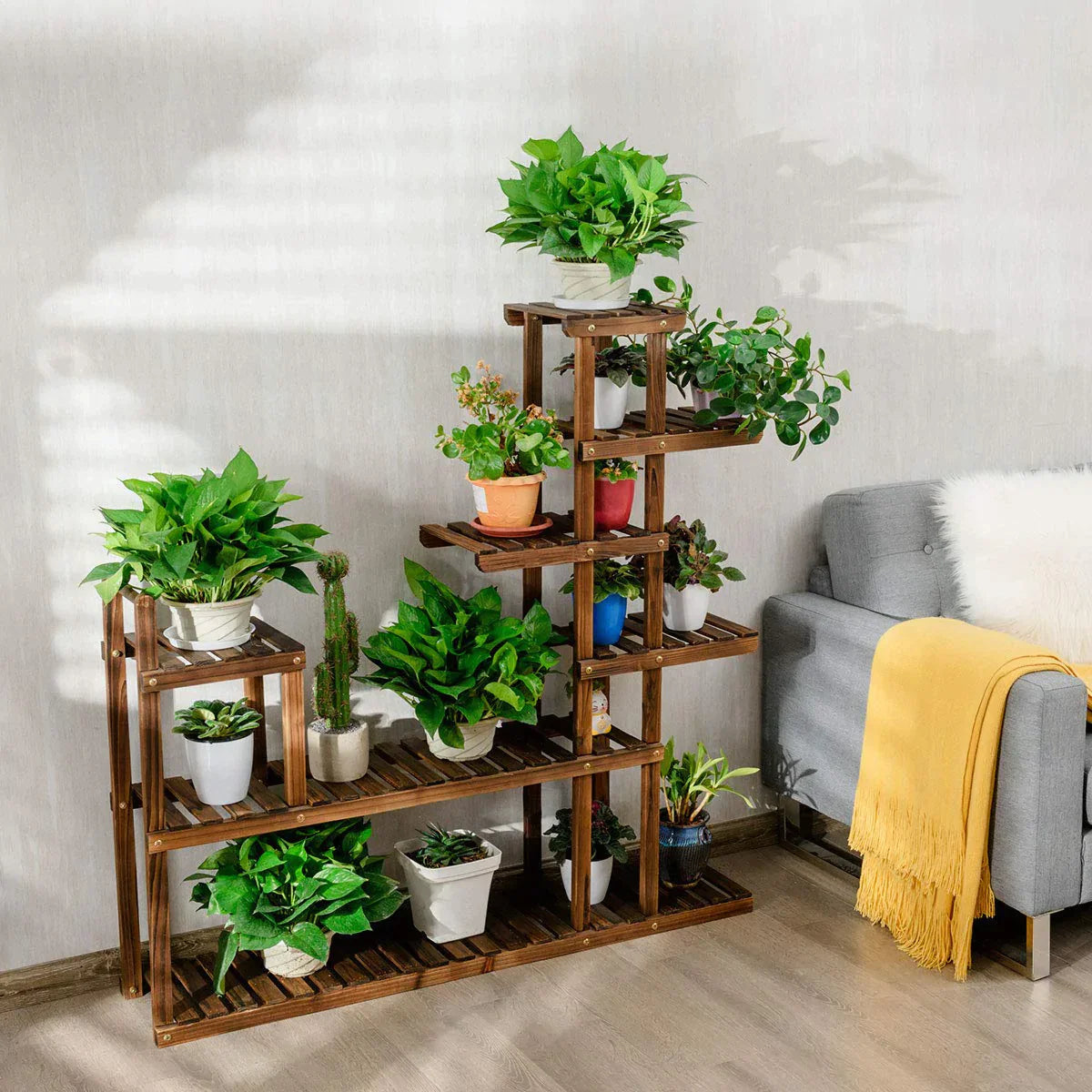 Giantex Flower Rack Wood Plant Stand Wood Shelves Bonsai Display Shelf, 7 Tiers