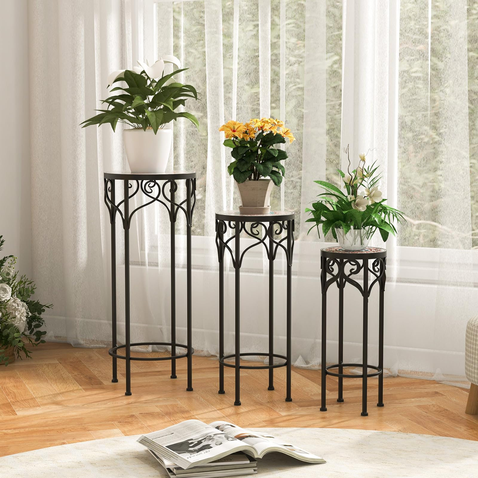 Giantex Metal Plant Stand Set of 3, 28" Mosaic Tall Flower Stand with Ceramic Top