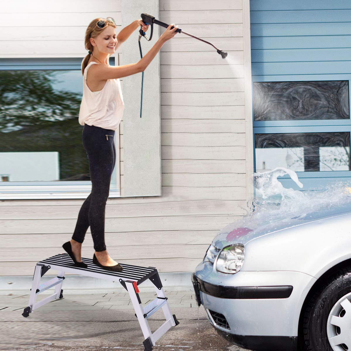 Giantex Aluminum Platform Non-Slip Folding Work Bench Drywall Stool Ladder 330lbs Capacity