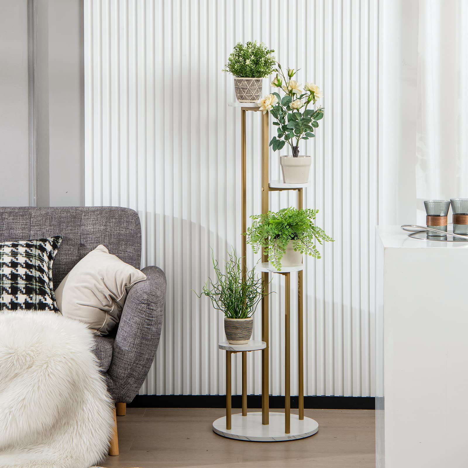 Giantex 4 Tier Plant Stand Indoor, Tall Plant Shelf with Marble Texture for Multiple Potted Plants, Tiered Metal Plant Holder Flower Display Rack for Living Room Balcony Porch