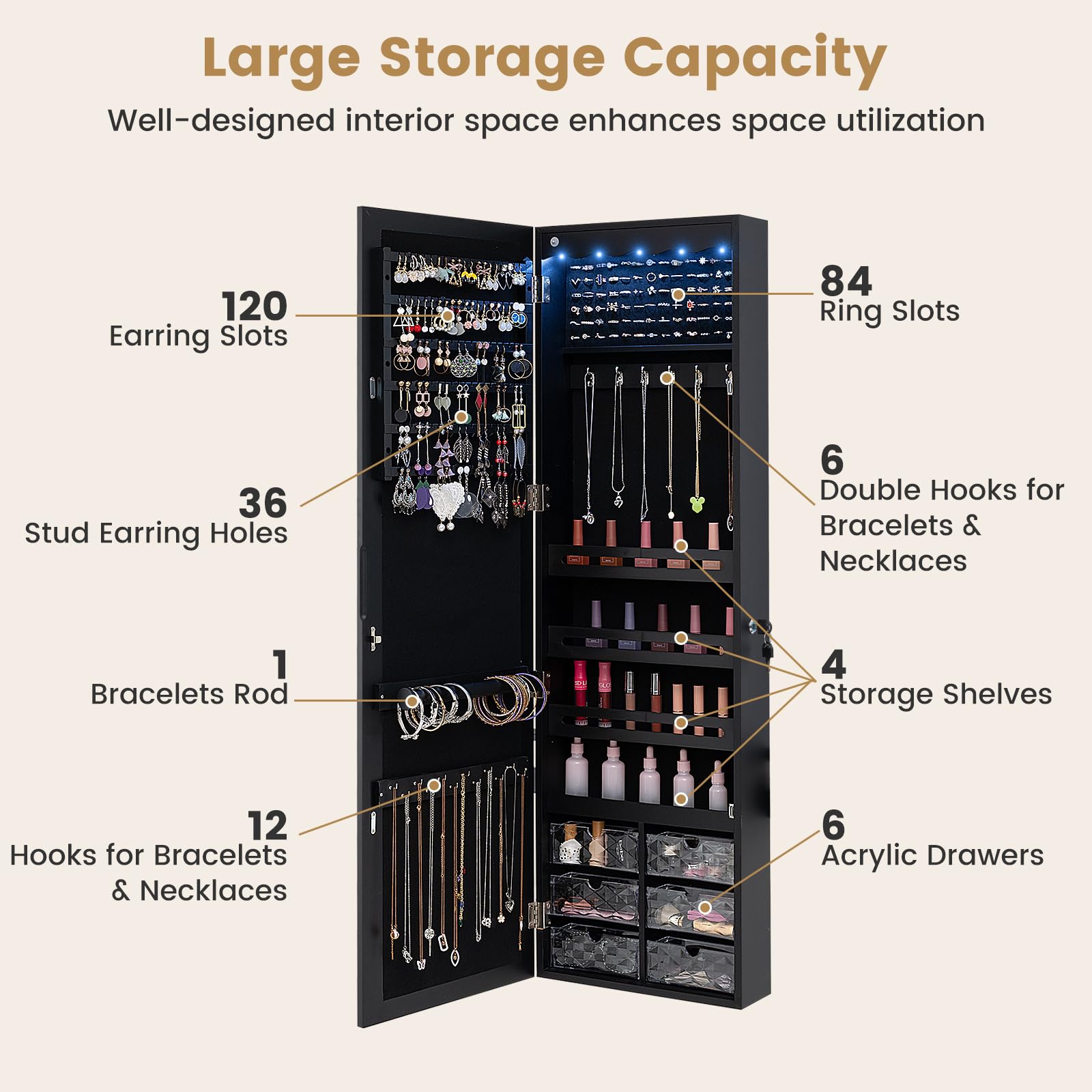 CHARMAID Jewelry Cabinet Armoire, Wall Mount Door Hanging, Lockable Jewelry Organizer with 47.5'' Full Length Mirror