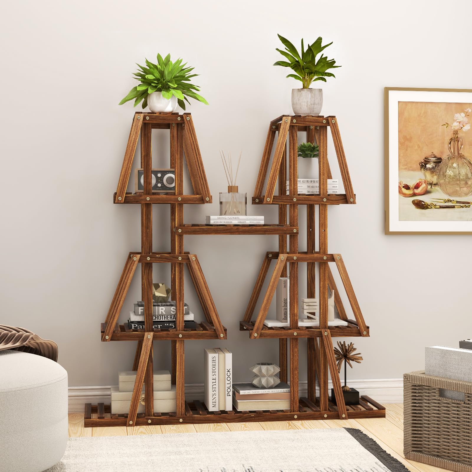 Giantex Wood Plant Stand, 5-Tier 10 Potted Trapezoid Plant Holder Rack for Multiple Plants