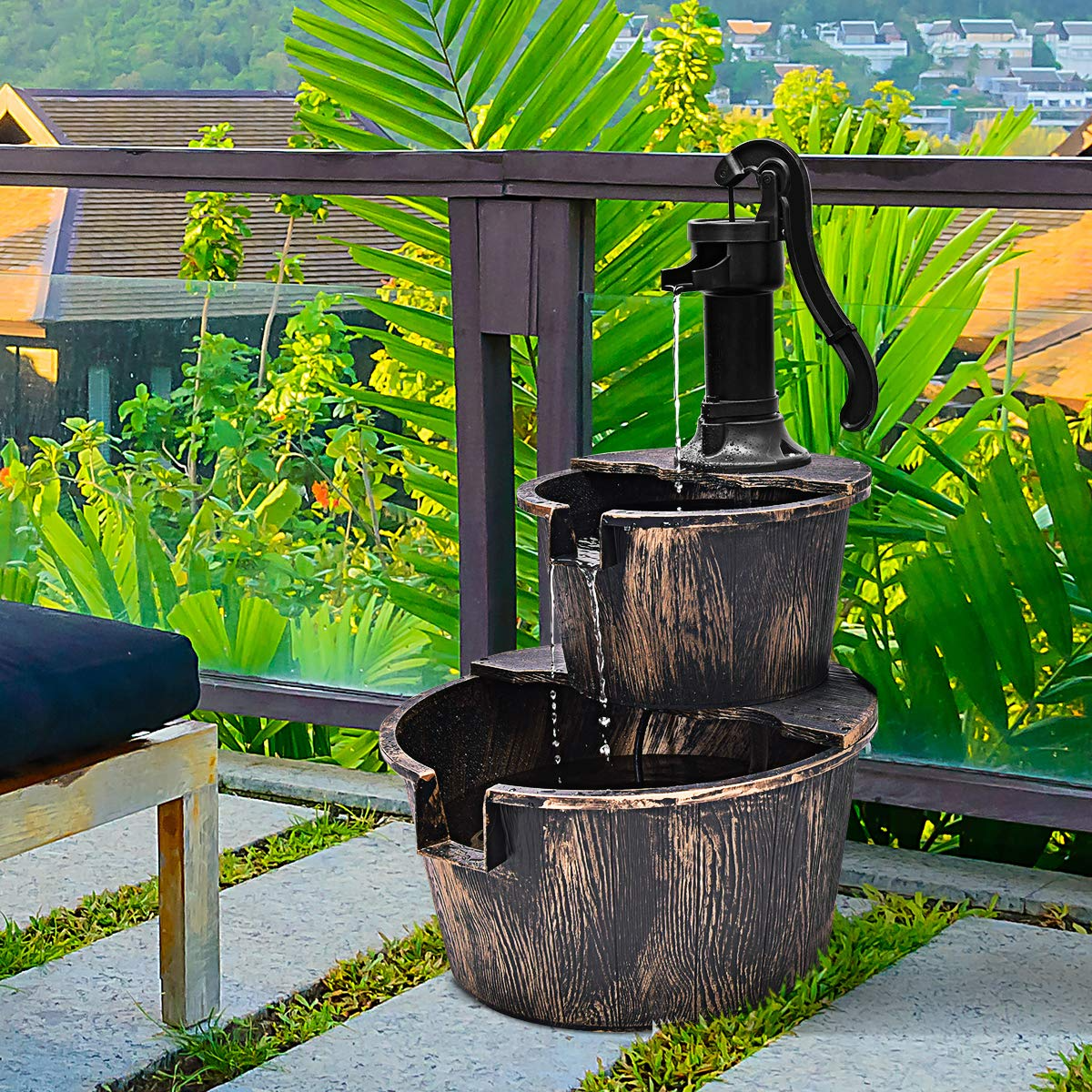 Giantex 2-Tier Rustic Barrel Waterfall Fountain with Pump