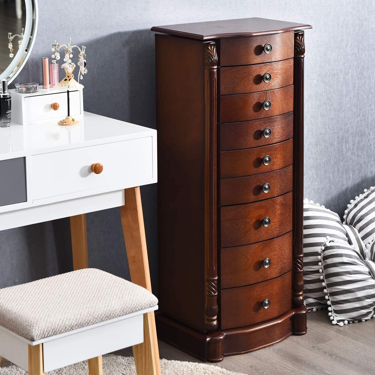 Large Jewelry Armoire Cabinet with 8 Drawers & 2 Swing Doors 16 Hooks Top Mirror Boxes