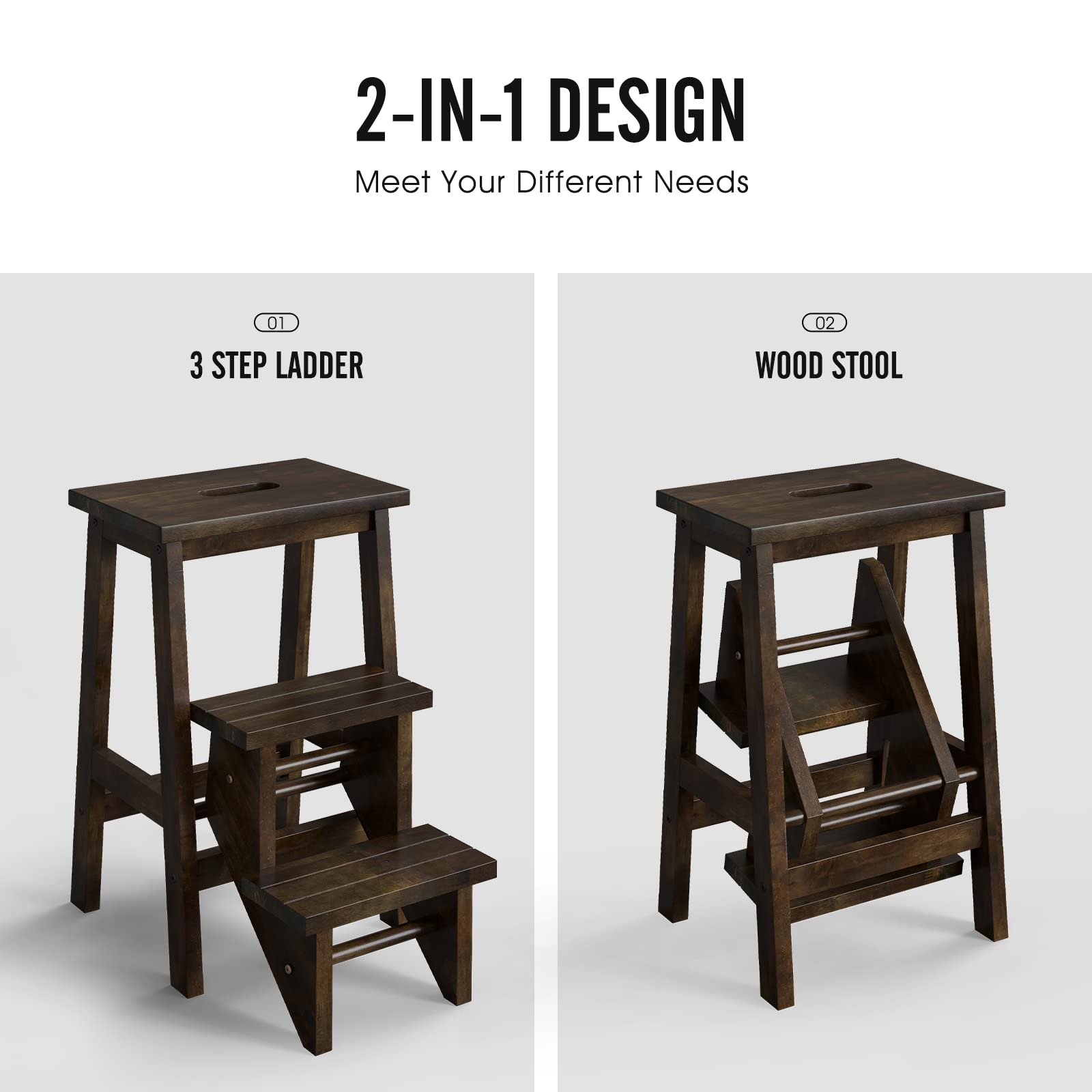 Giantex Folding 3 Tier Step Ladder, Multifunction 3-in-1 Wood Step Stool with Anti-Slip