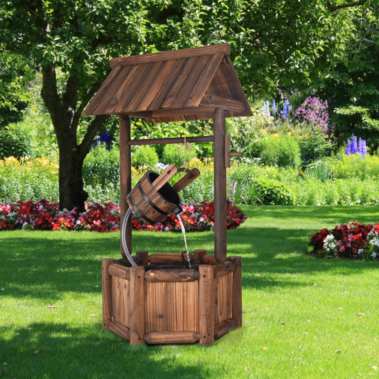 Giantex Wishing Well Water Fountain Rustic Wooden Outdoor Garden Decorative Fountain Backyard w/ Electric Pump