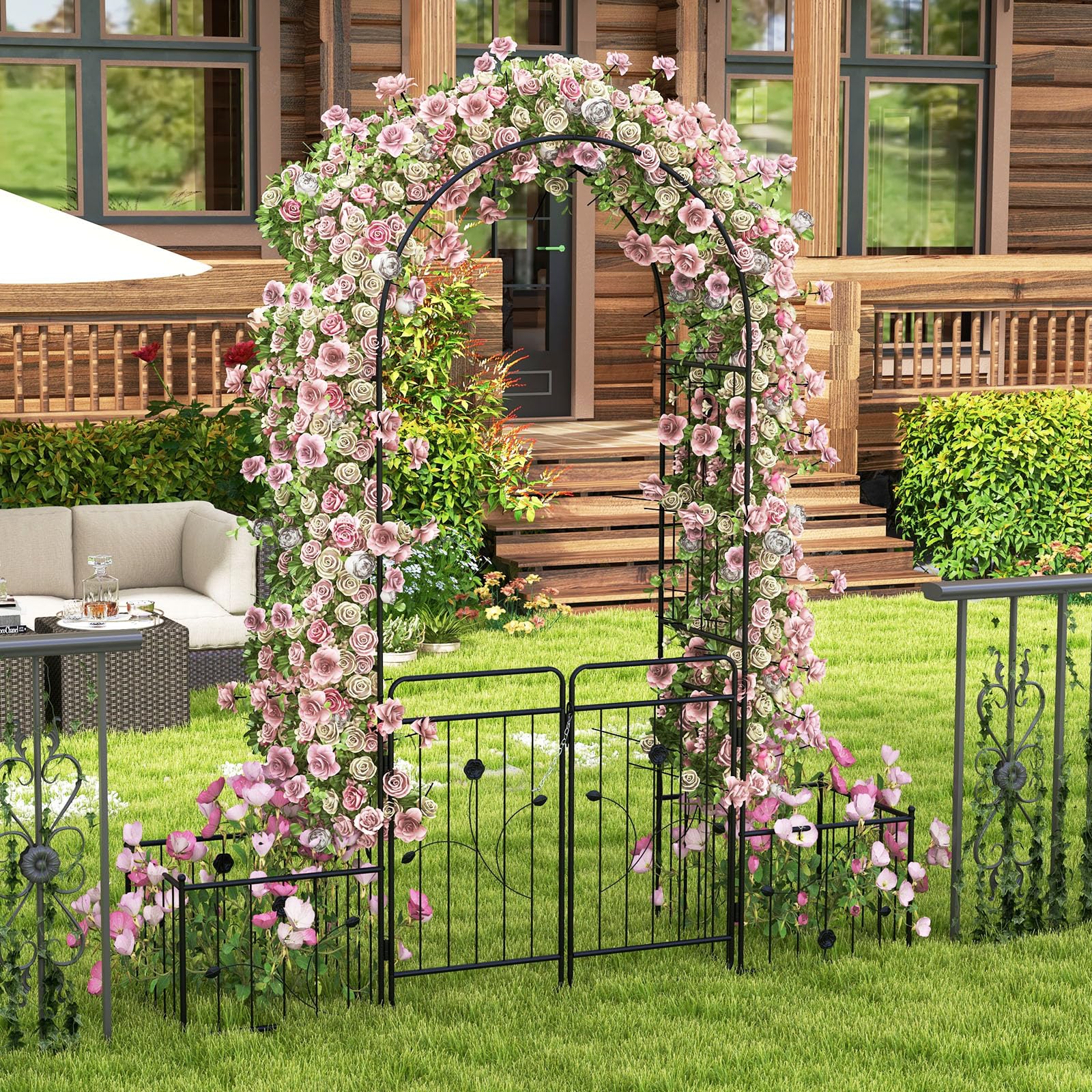 Giantex Garden Arch with Planter - 87 inch Metal Garden Arbor with Gate