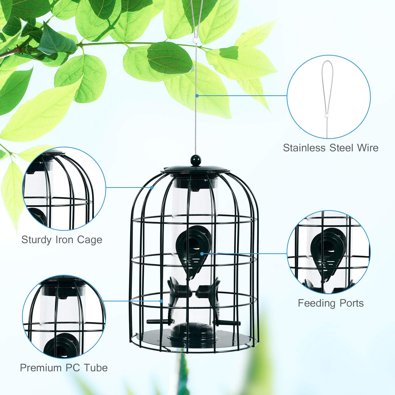 Giantex Metal Hanging Bird Feeder, Outdoor Squirrel-Proof Bird Feeder Cage with 4 Feeding Ports, Transparent PC Tube