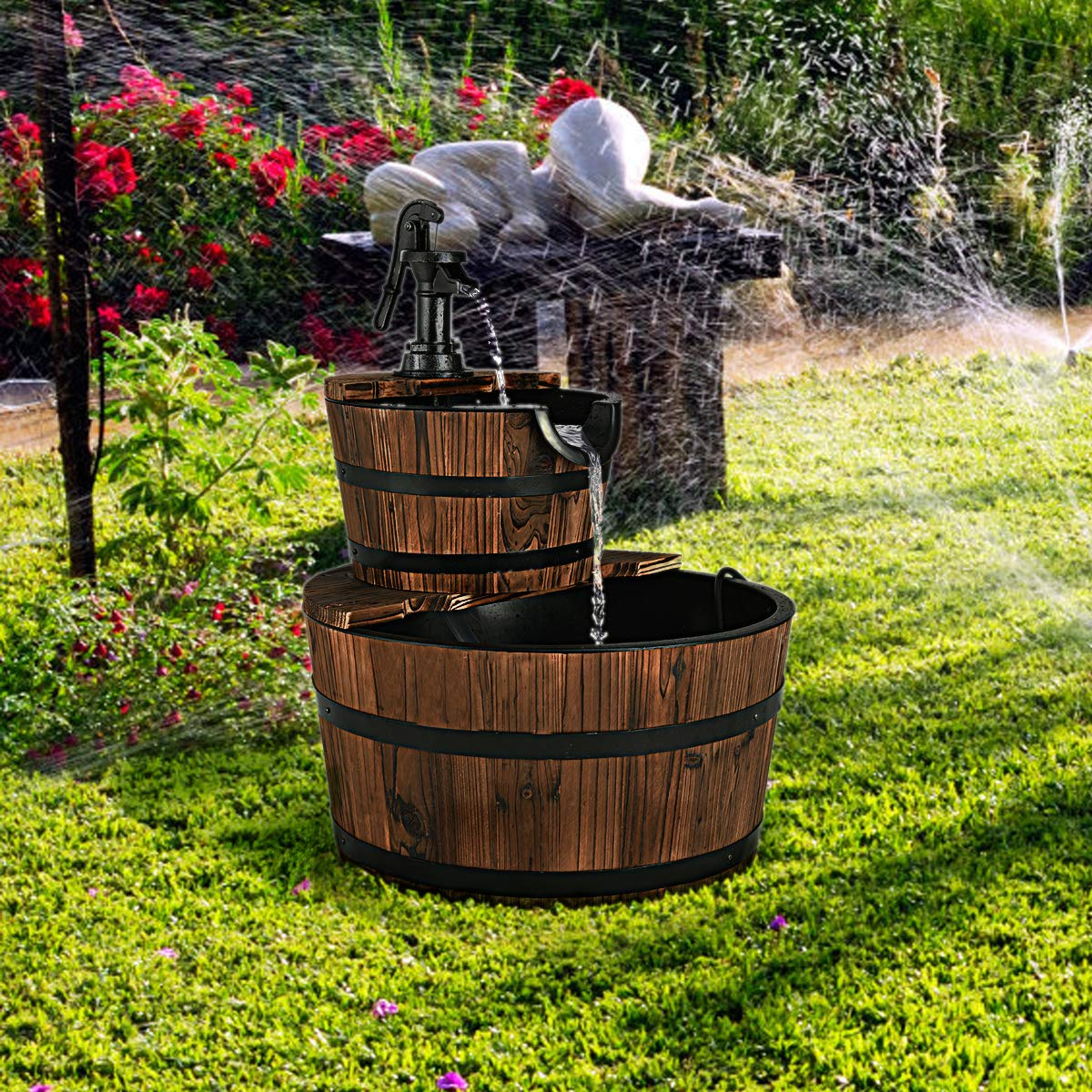 Giantex 2-Tier Barrel Waterfall Fountain with Hand Pump