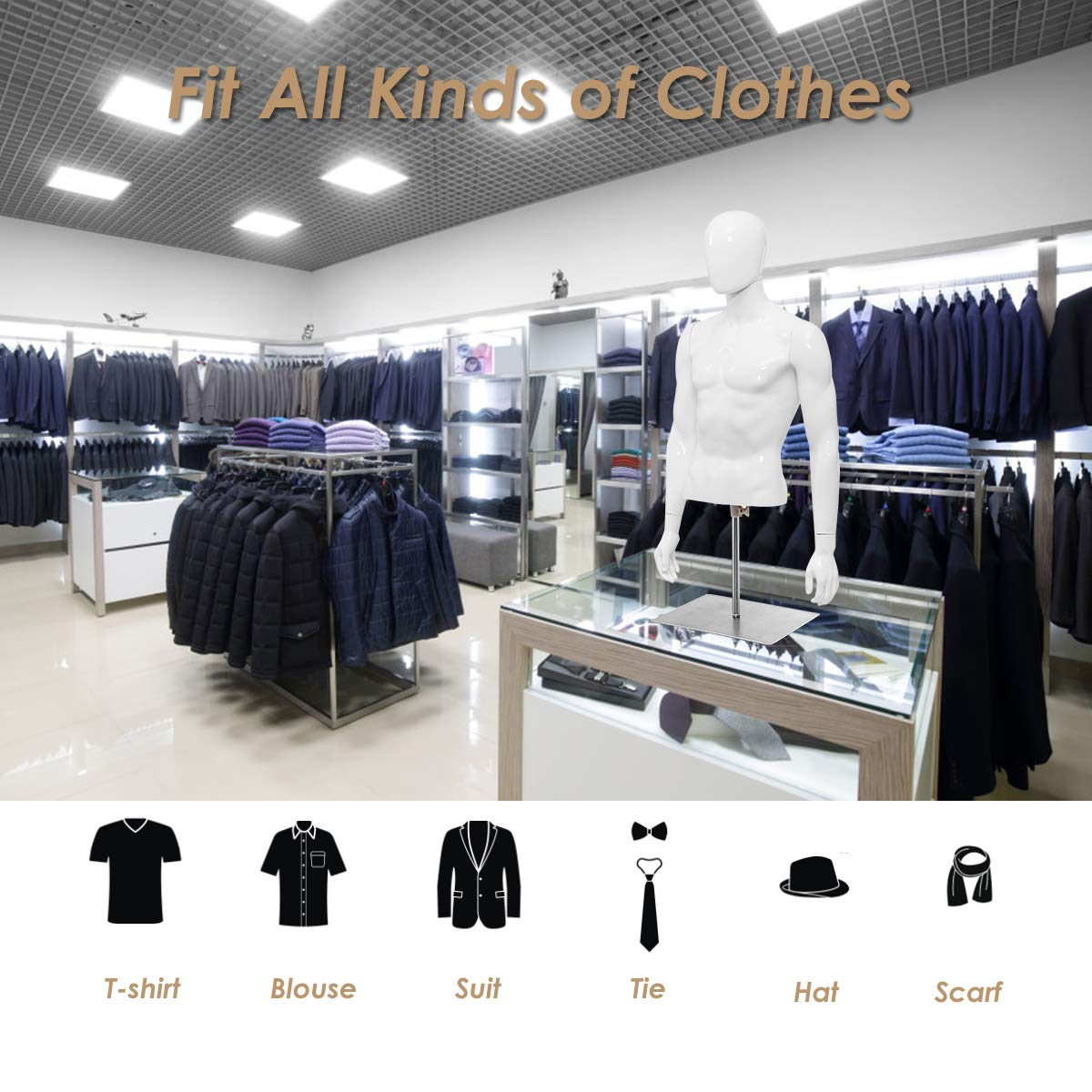 Giantex Male Mannequin Torso Adjustable Height Detachable Arms Dress Form Display w/Metal Stand, Bright White