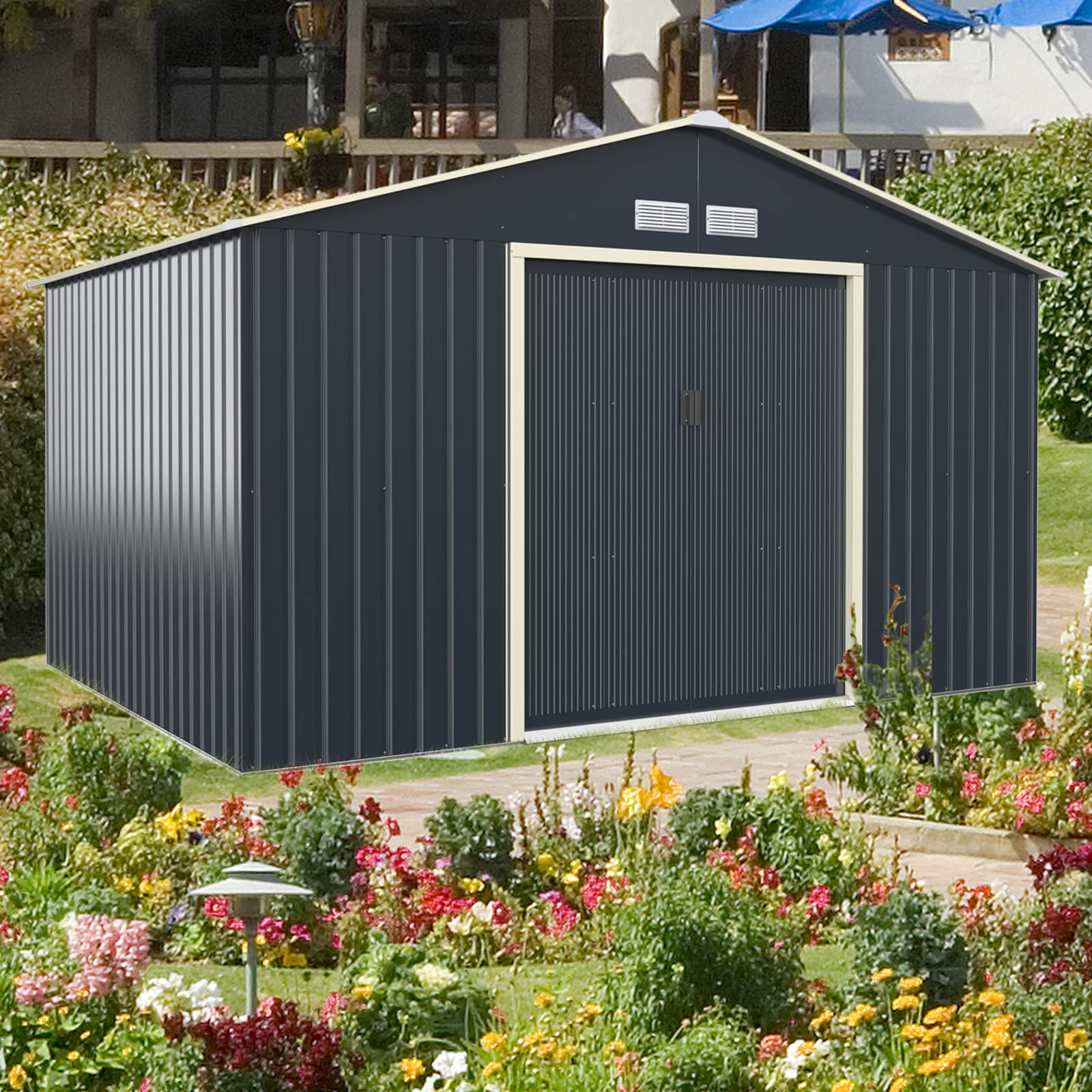 Outdoor Storage Shed with Double Sliding Door