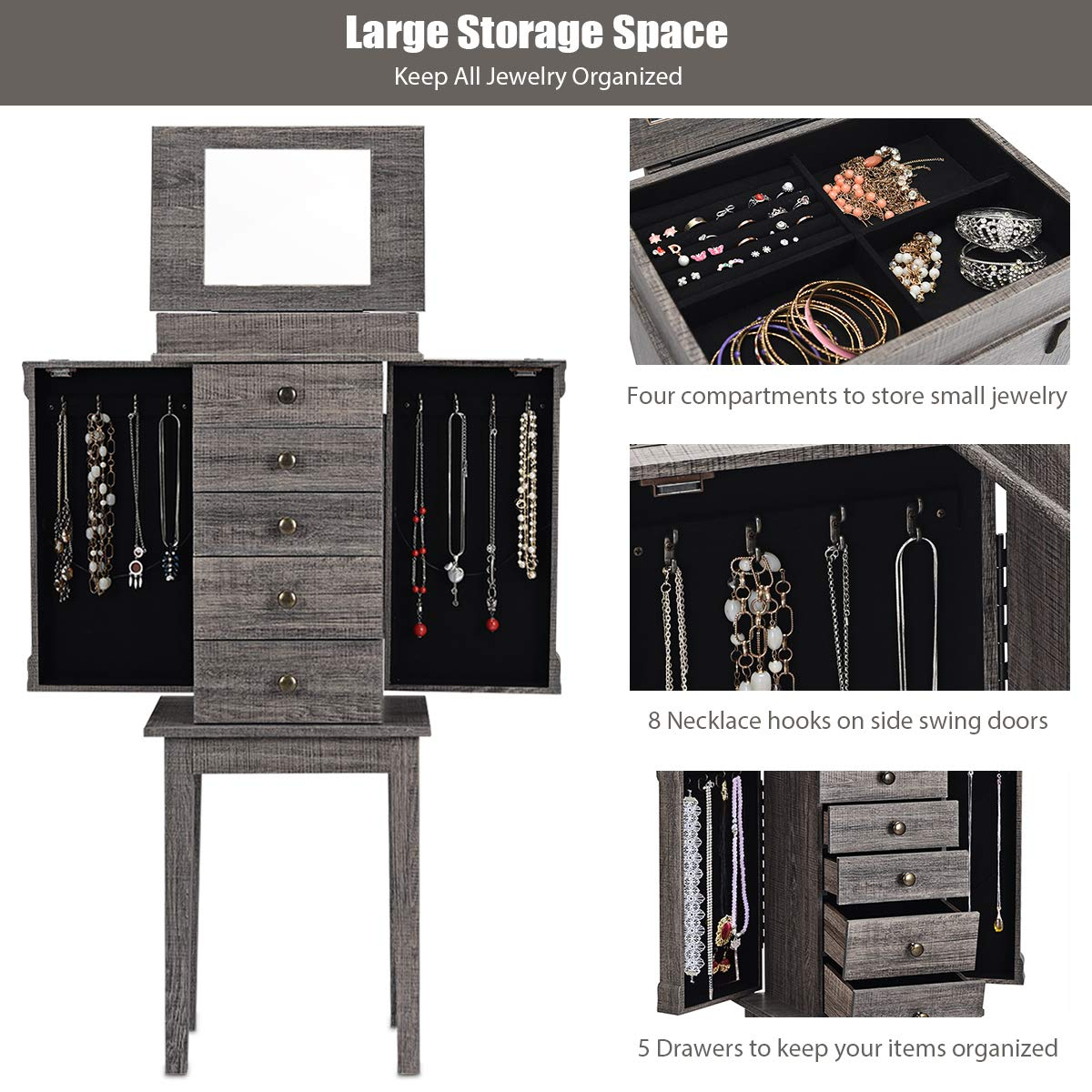 CHARMAID Jewelry Cabinet Armoire with 5 Drawers